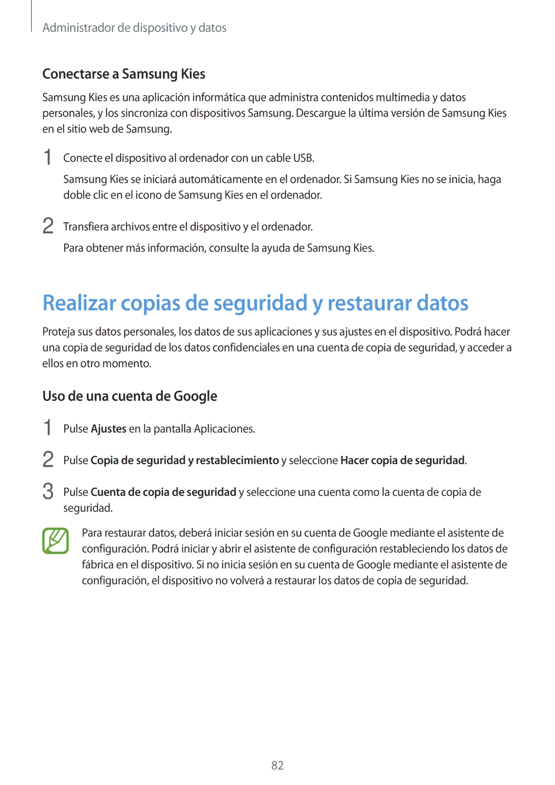 Samsung SM-G110HZWAPHE manual Realizar copias de seguridad y restaurar datos, Conectarse a Samsung Kies 