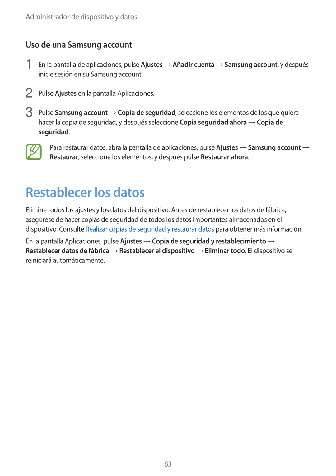 Samsung SM-G110HZWAPHE manual Restablecer los datos, Uso de una Samsung account 