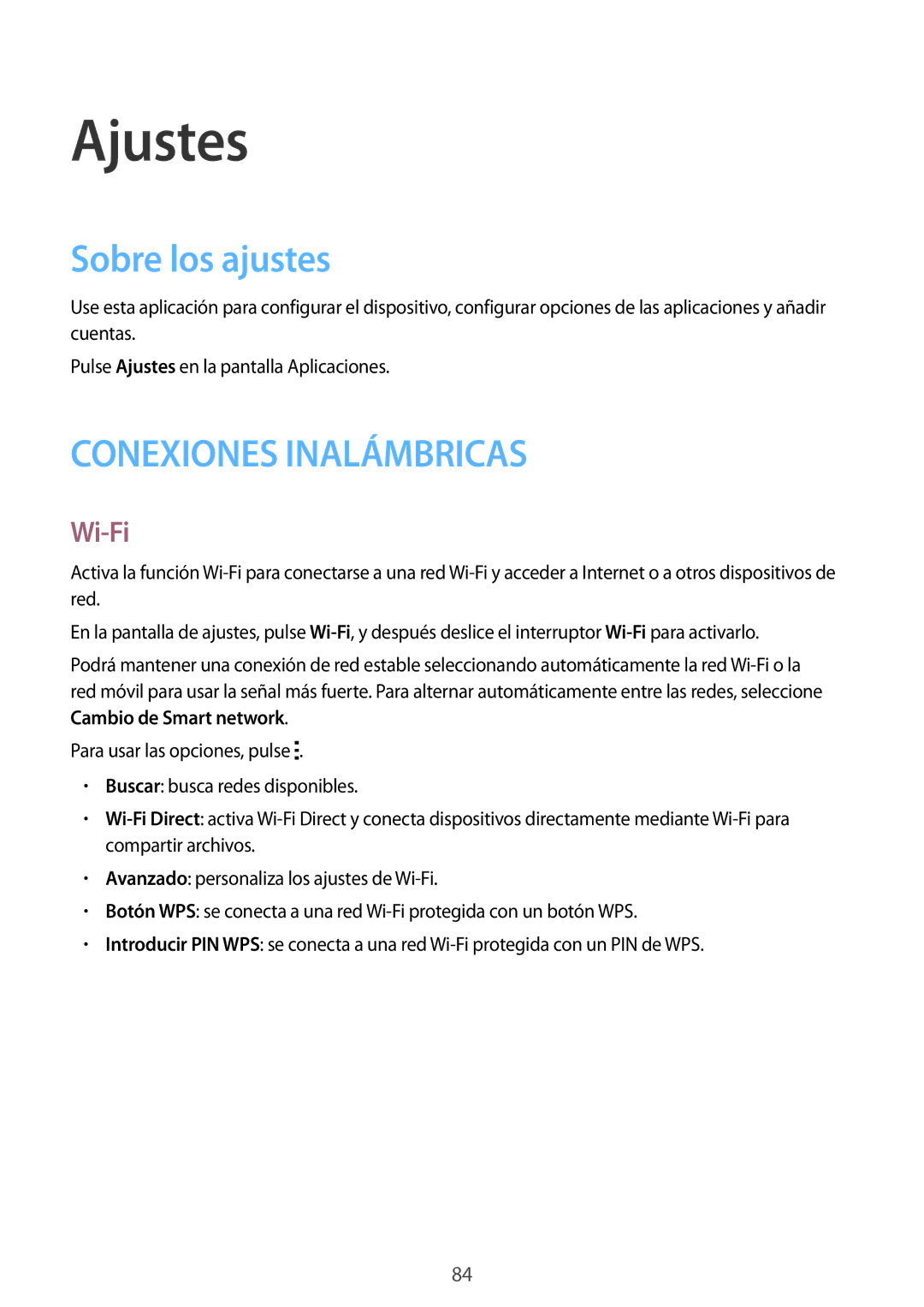 Samsung SM-G110HZWAPHE manual Ajustes, Sobre los ajustes, Wi-Fi 