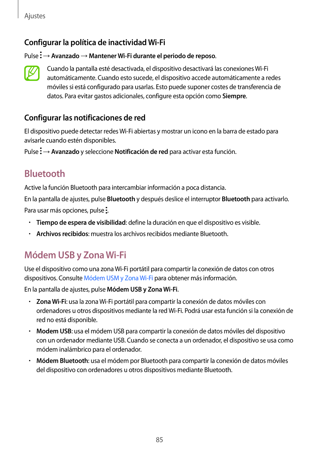 Samsung SM-G110HZWAPHE manual Bluetooth, Módem USB y Zona Wi-Fi, Configurar la política de inactividad Wi-Fi 