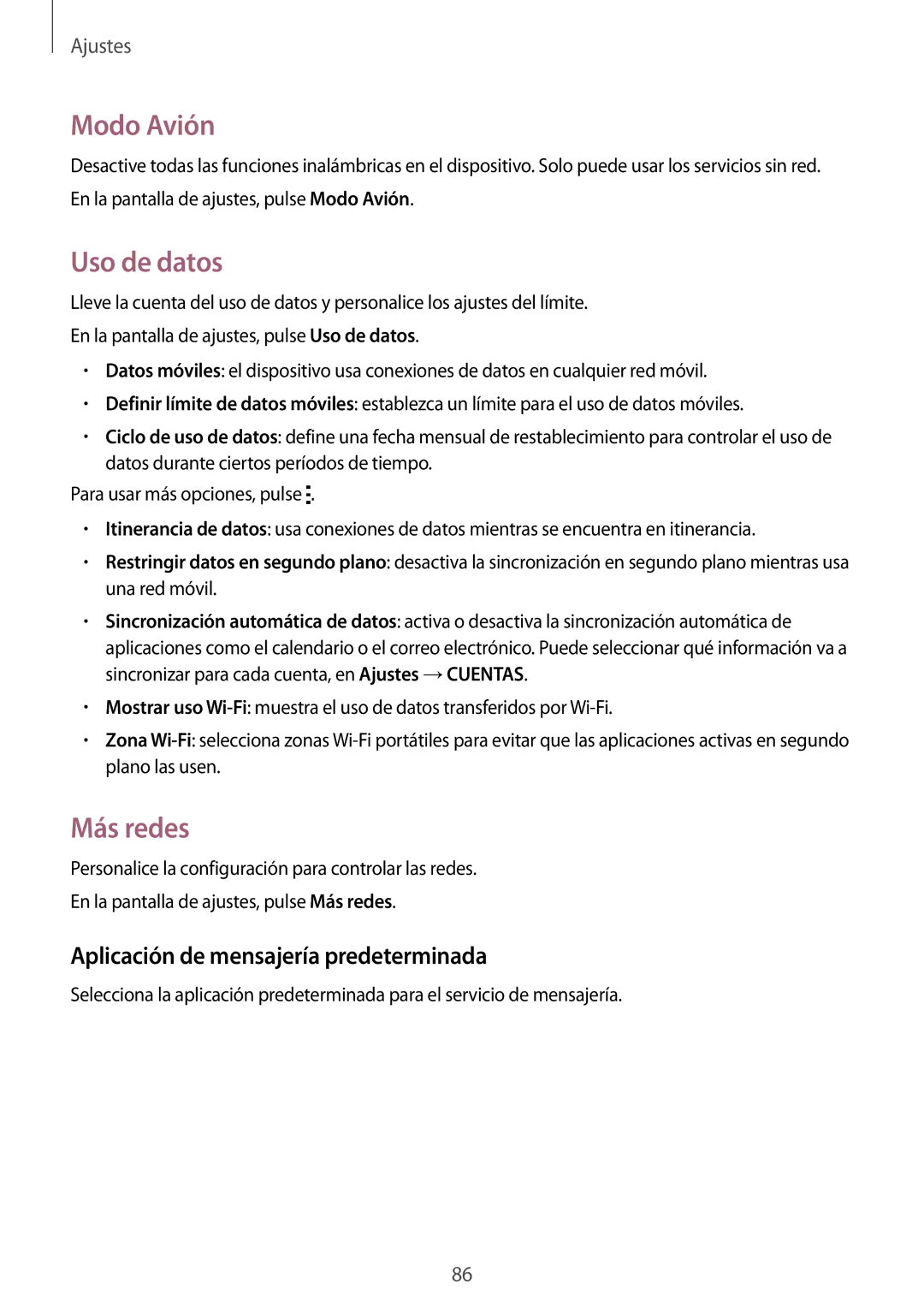 Samsung SM-G110HZWAPHE manual Modo Avión, Uso de datos, Más redes, Aplicación de mensajería predeterminada 