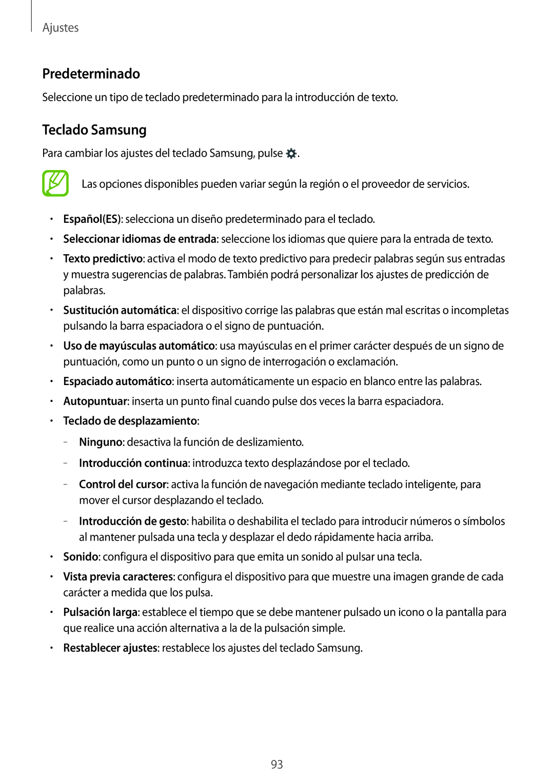 Samsung SM-G110HZWAPHE manual Predeterminado, Teclado Samsung, Teclado de desplazamiento 