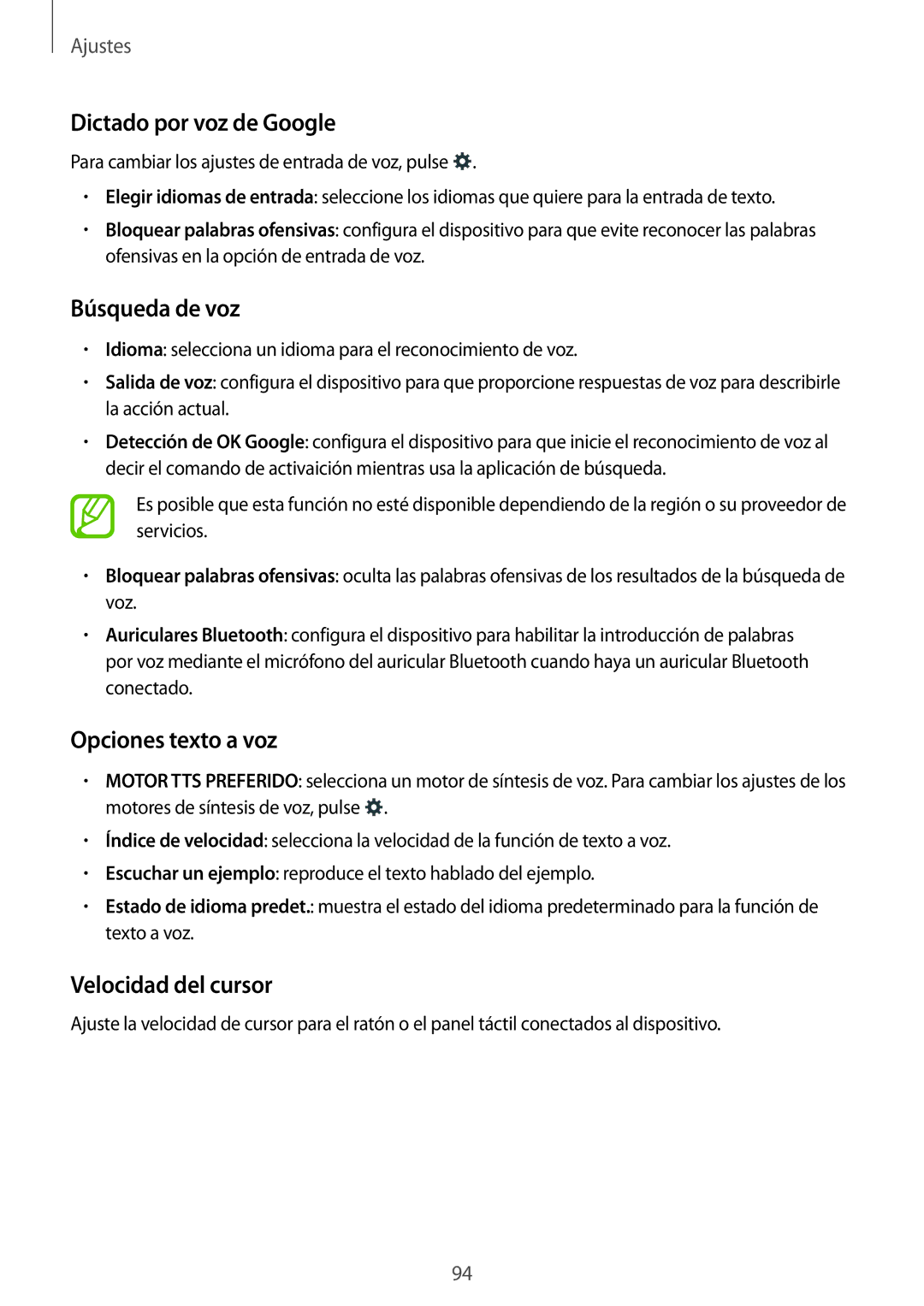 Samsung SM-G110HZWAPHE manual Dictado por voz de Google, Búsqueda de voz, Opciones texto a voz, Velocidad del cursor 