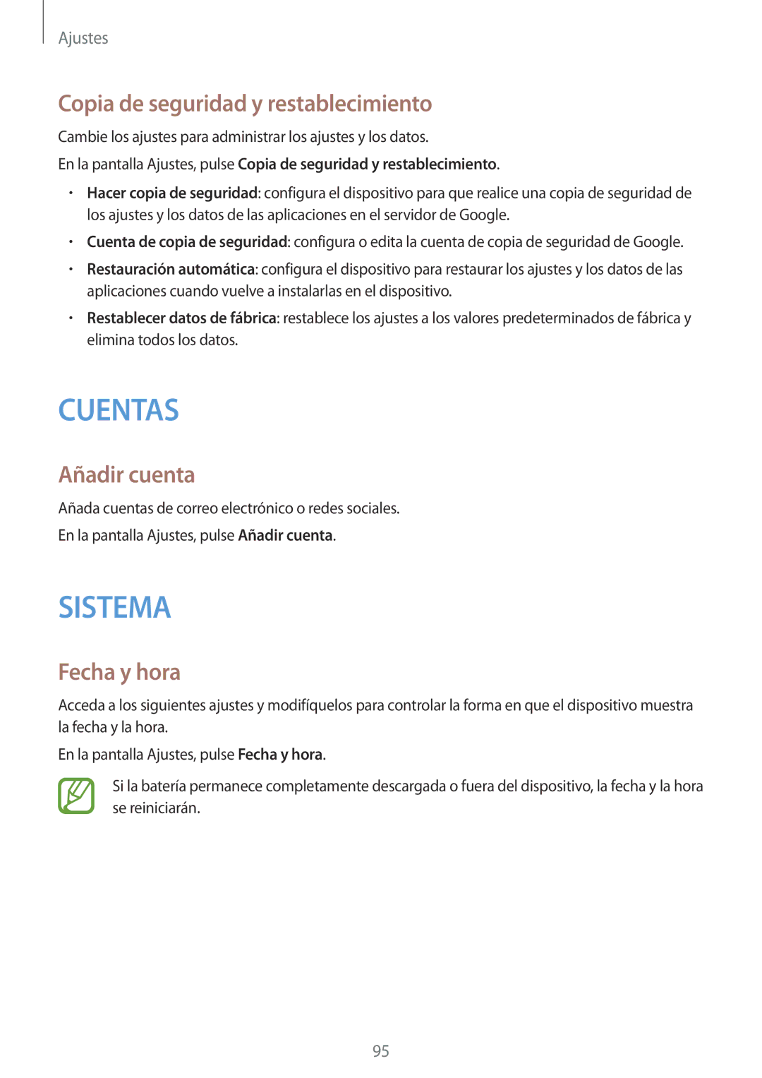 Samsung SM-G110HZWAPHE manual Copia de seguridad y restablecimiento, Añadir cuenta, Fecha y hora 