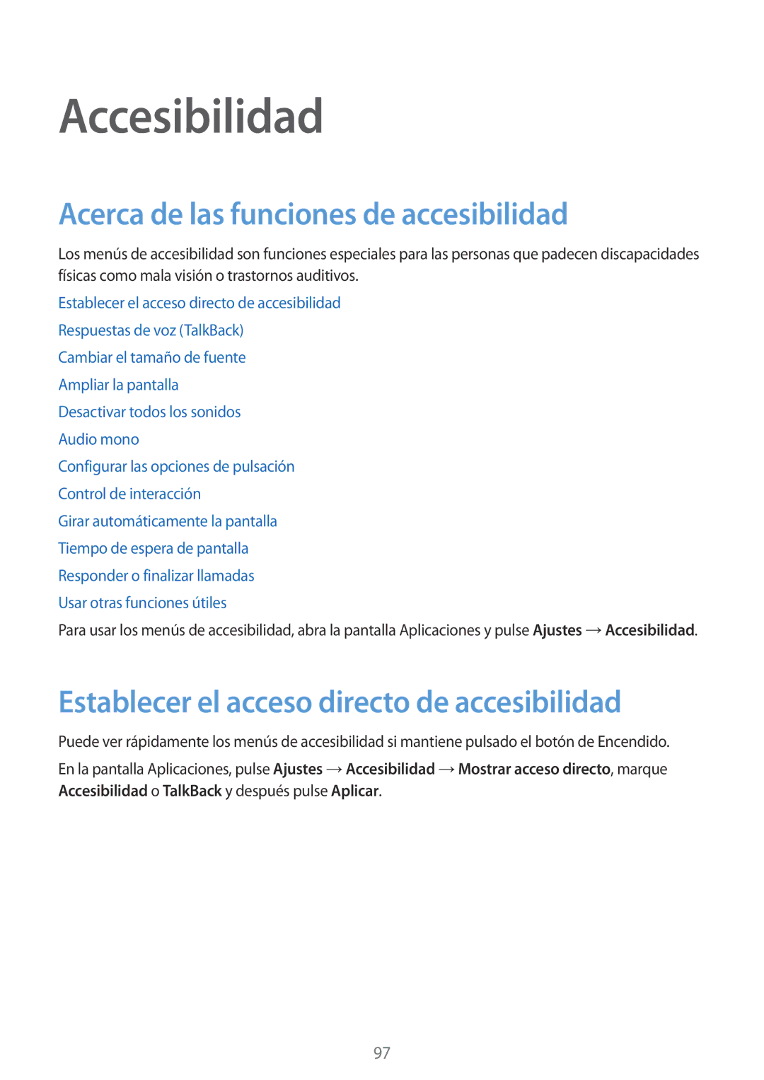 Samsung SM-G110HZWAPHE manual Accesibilidad, Acerca de las funciones de accesibilidad 