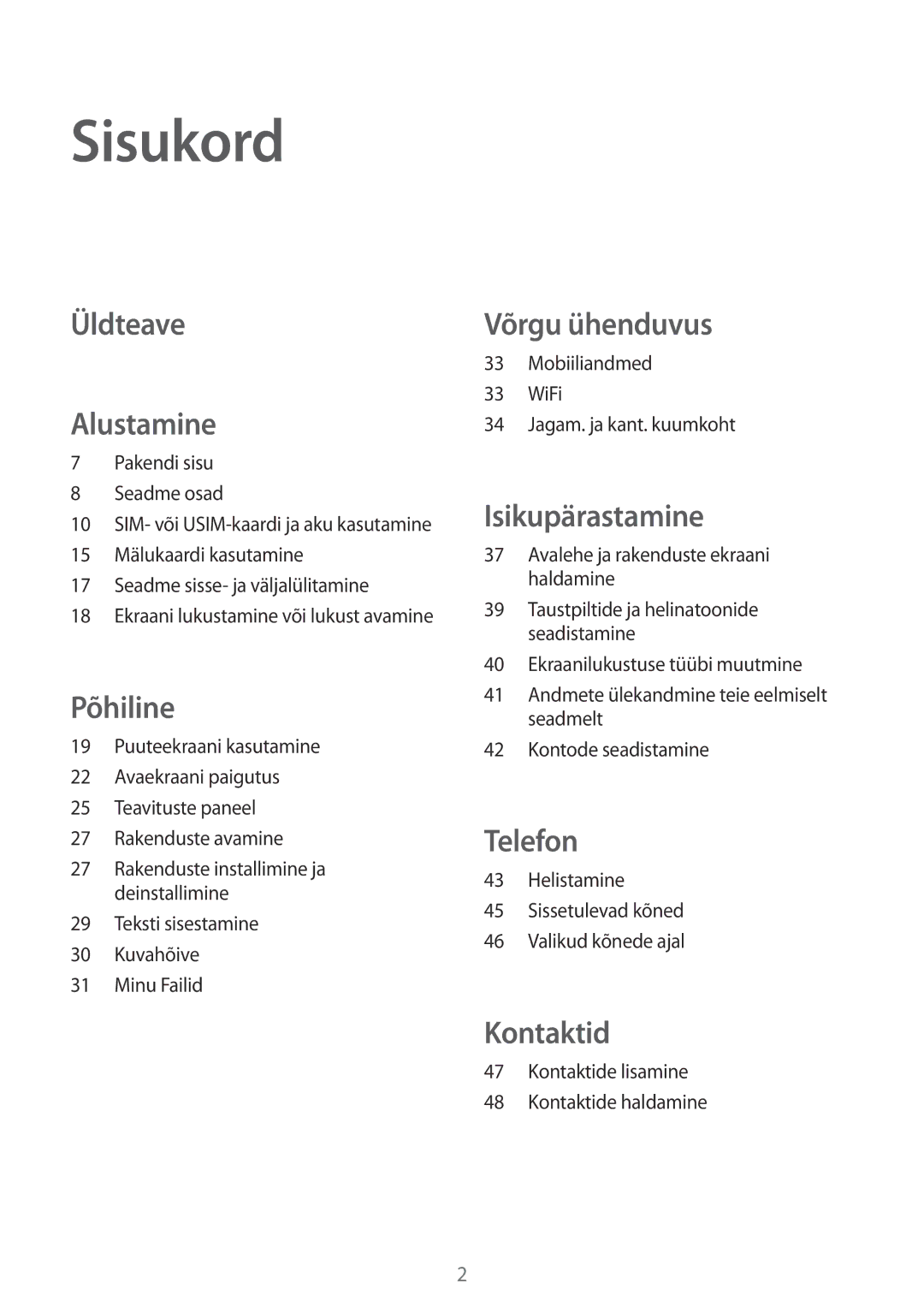 Samsung SM-G110HZWASEB, SM-G110HZKASEB manual Sisukord, Üldteave Alustamine 