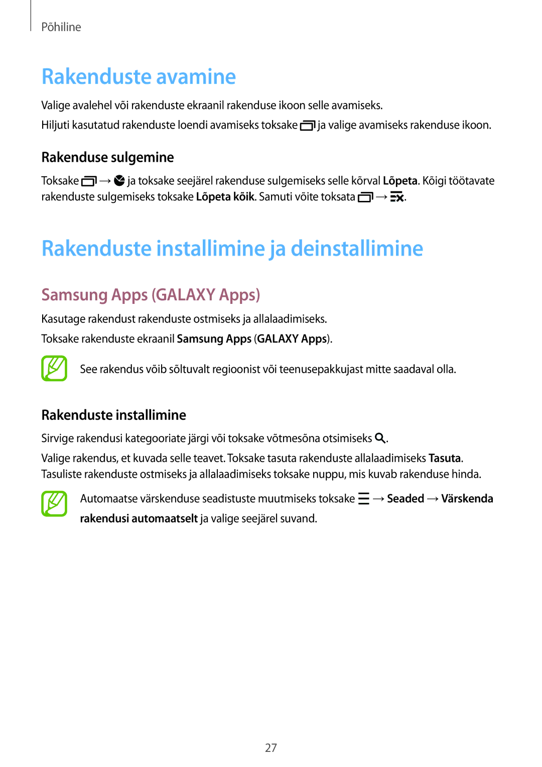 Samsung SM-G110HZKASEB manual Rakenduste avamine, Rakenduste installimine ja deinstallimine, Samsung Apps Galaxy Apps 