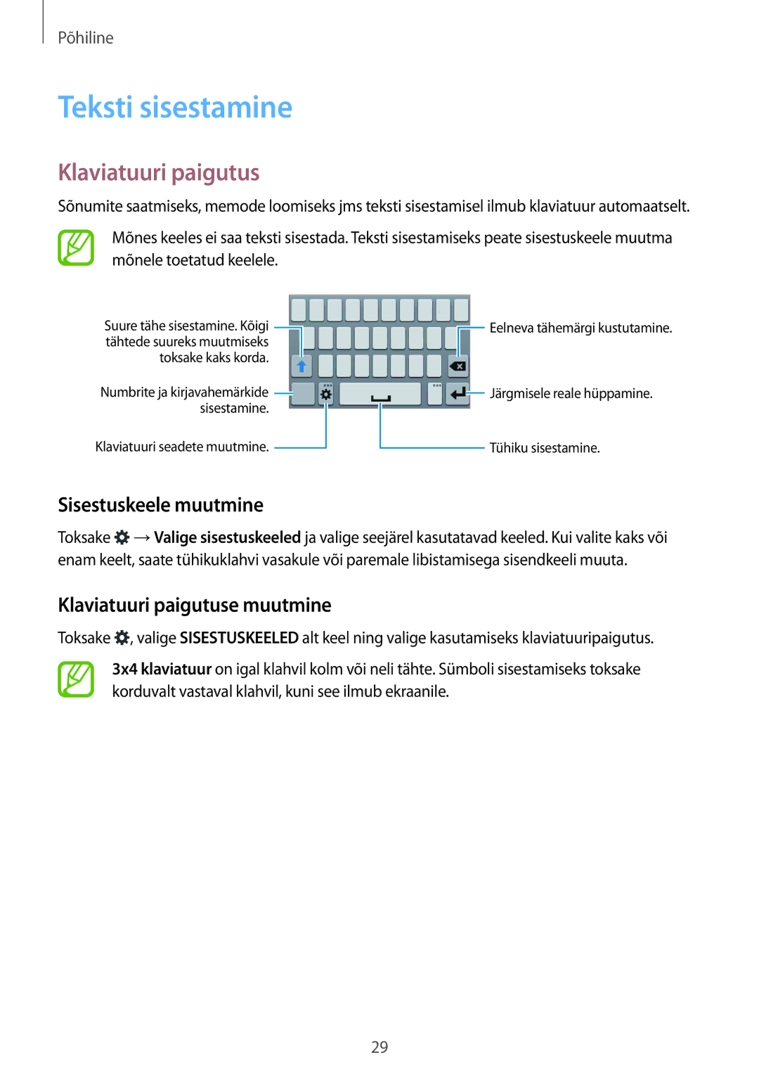 Samsung SM-G110HZKASEB, SM-G110HZWASEB manual Teksti sisestamine, Sisestuskeele muutmine, Klaviatuuri paigutuse muutmine 