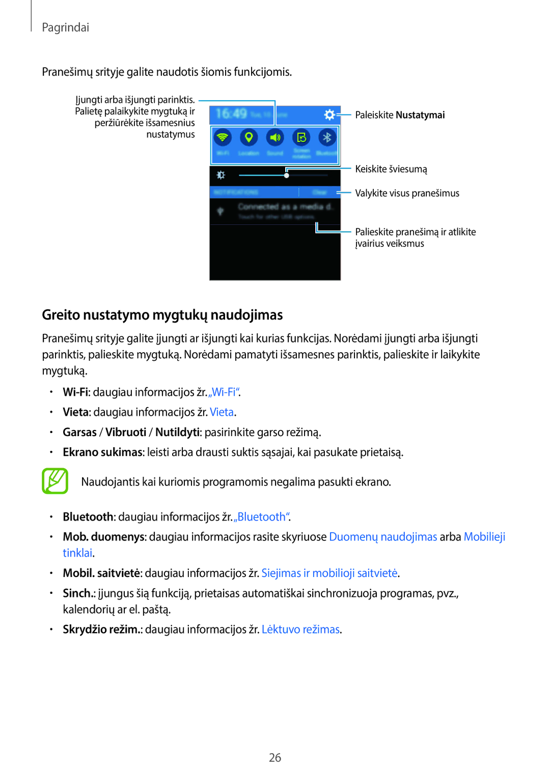 Samsung SM-G110HZWASEB manual Greito nustatymo mygtukų naudojimas, Pranešimų srityje galite naudotis šiomis funkcijomis 