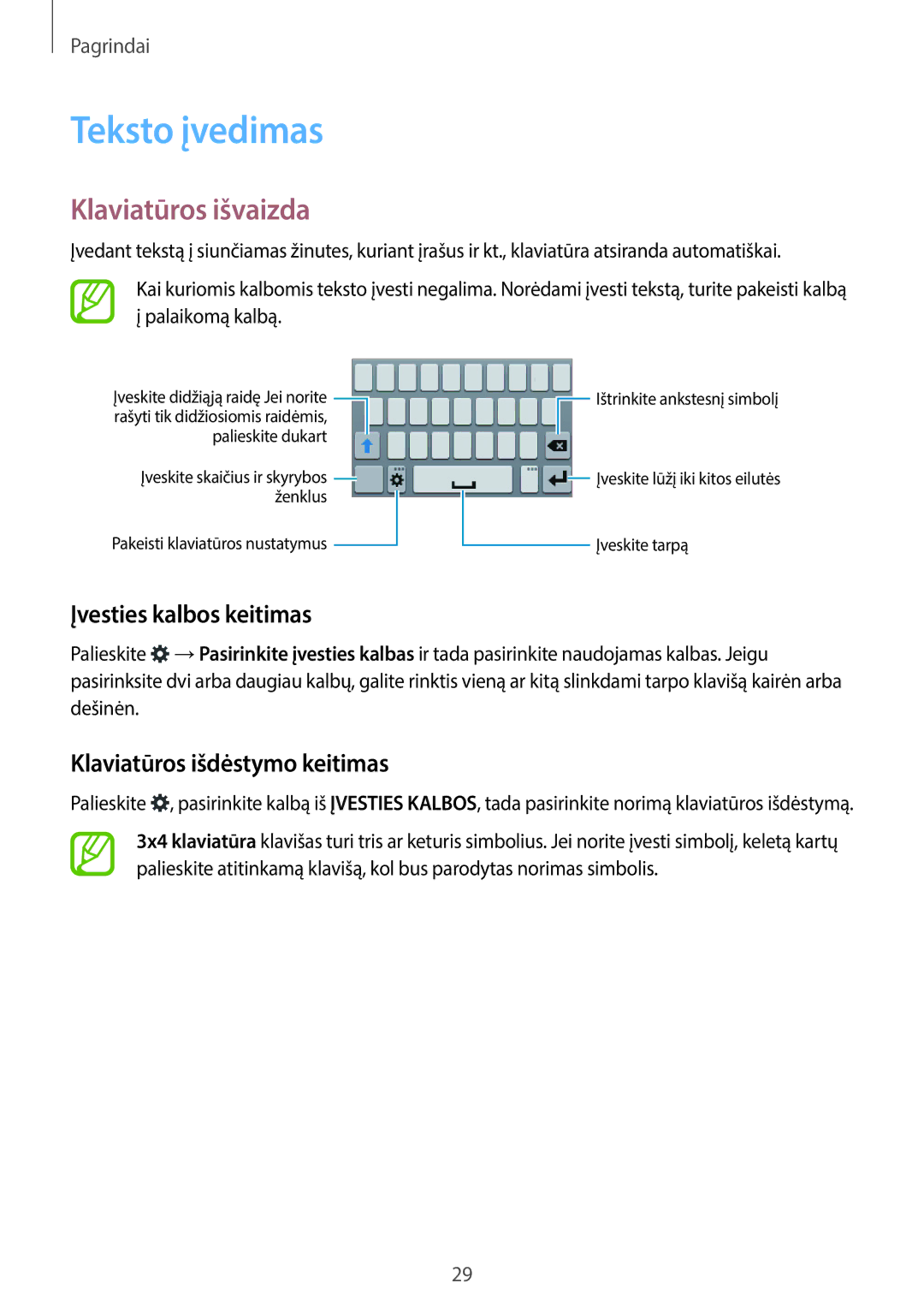 Samsung SM-G110HZKASEB Teksto įvedimas, Klaviatūros išvaizda, Įvesties kalbos keitimas, Klaviatūros išdėstymo keitimas 