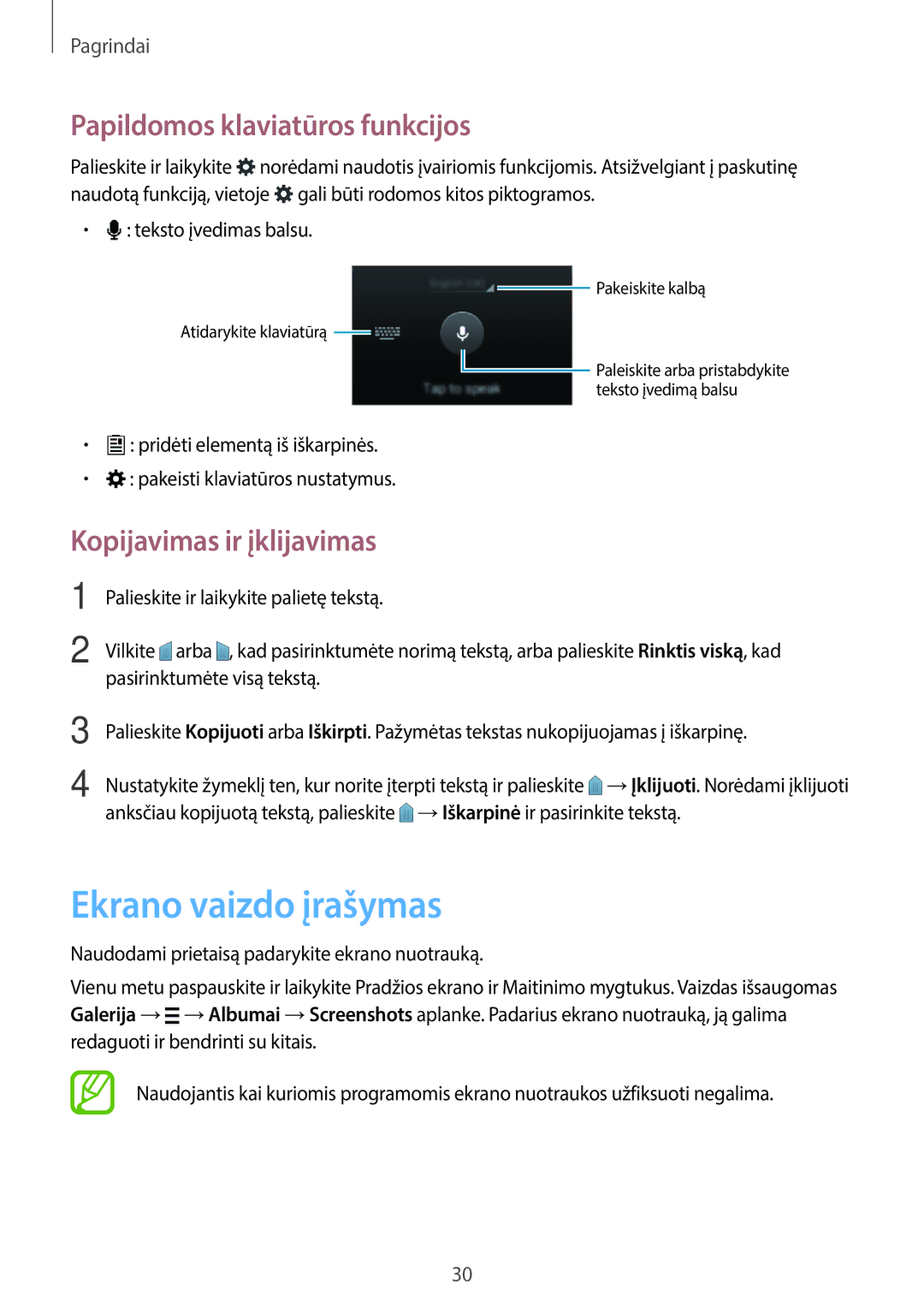 Samsung SM-G110HZWASEB manual Ekrano vaizdo įrašymas, Papildomos klaviatūros funkcijos, Kopijavimas ir įklijavimas 