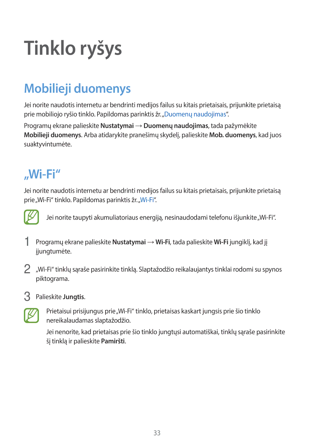 Samsung SM-G110HZKASEB, SM-G110HZWASEB manual Tinklo ryšys, Mobilieji duomenys, „Wi-Fi 