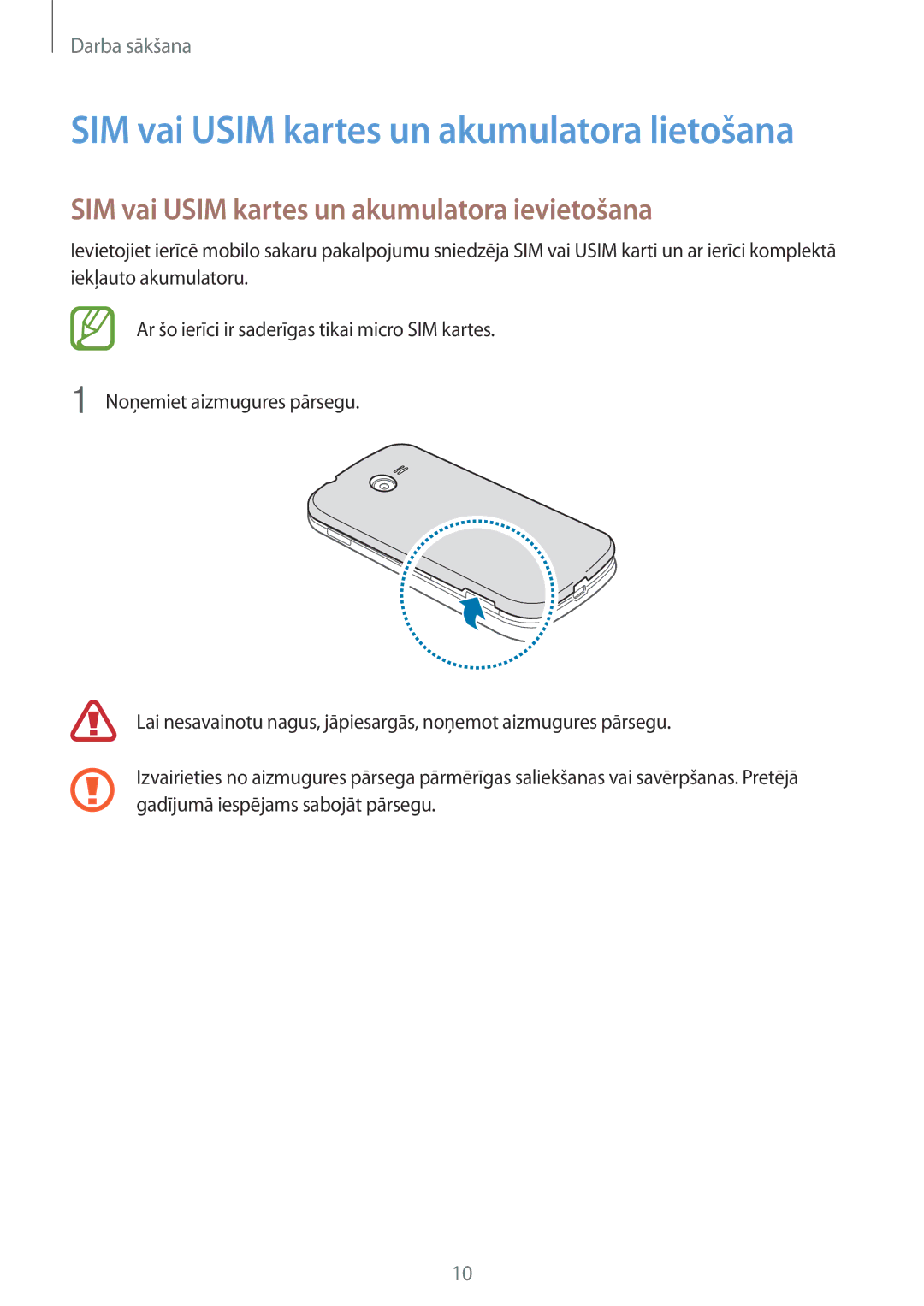 Samsung SM-G110HZWASEB manual SIM vai Usim kartes un akumulatora lietošana, SIM vai Usim kartes un akumulatora ievietošana 