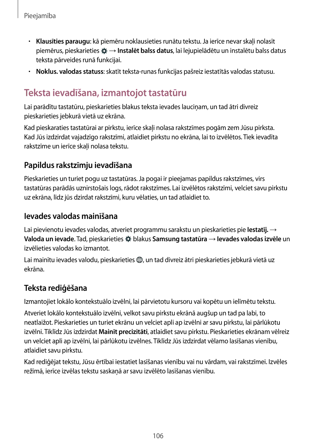 Samsung SM-G110HZWASEB manual Teksta ievadīšana, izmantojot tastatūru, Papildus rakstzīmju ievadīšana, Teksta rediģēšana 