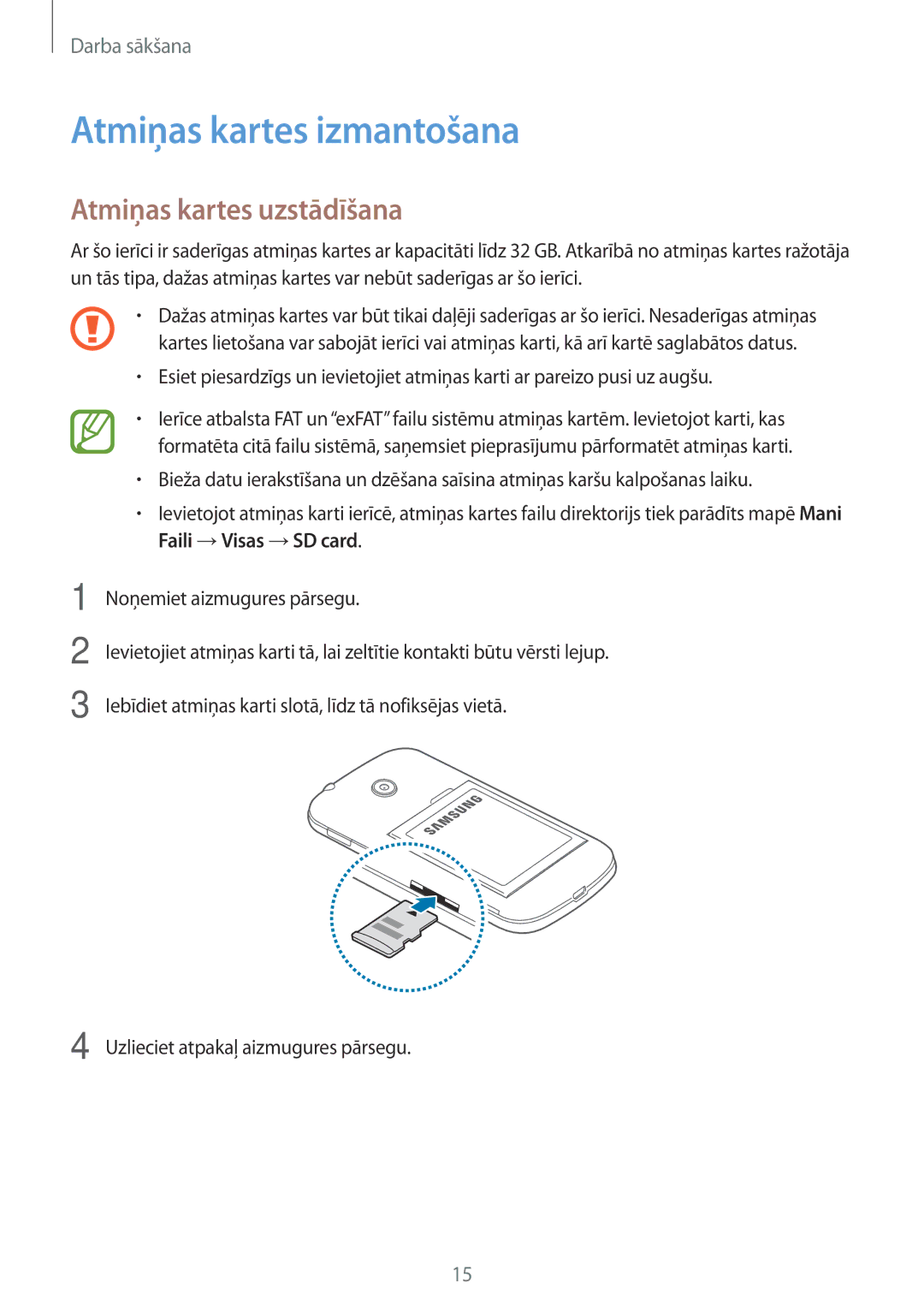 Samsung SM-G110HZKASEB, SM-G110HZWASEB manual Atmiņas kartes izmantošana, Atmiņas kartes uzstādīšana 