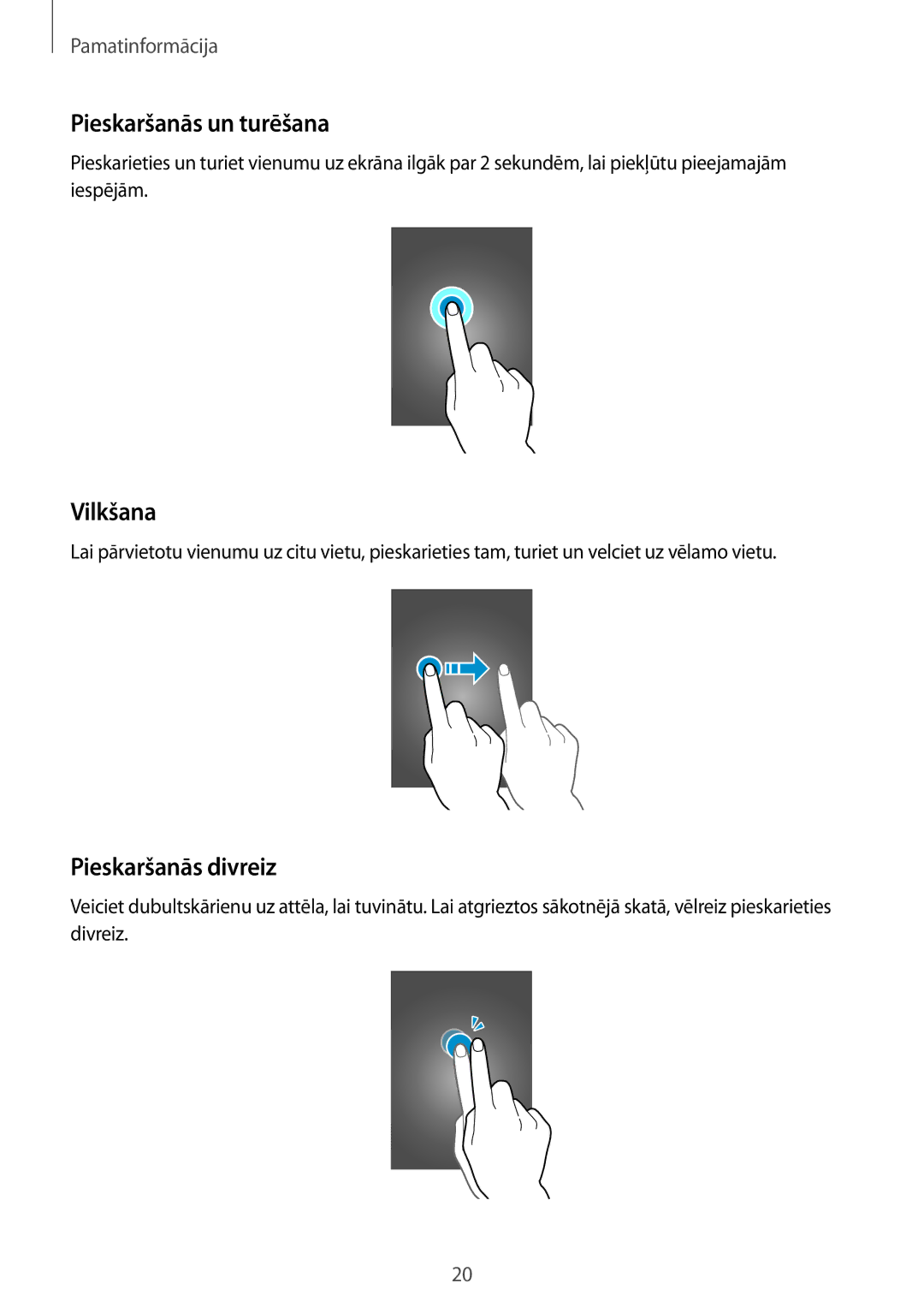 Samsung SM-G110HZWASEB, SM-G110HZKASEB manual Pieskaršanās un turēšana, Vilkšana, Pieskaršanās divreiz 