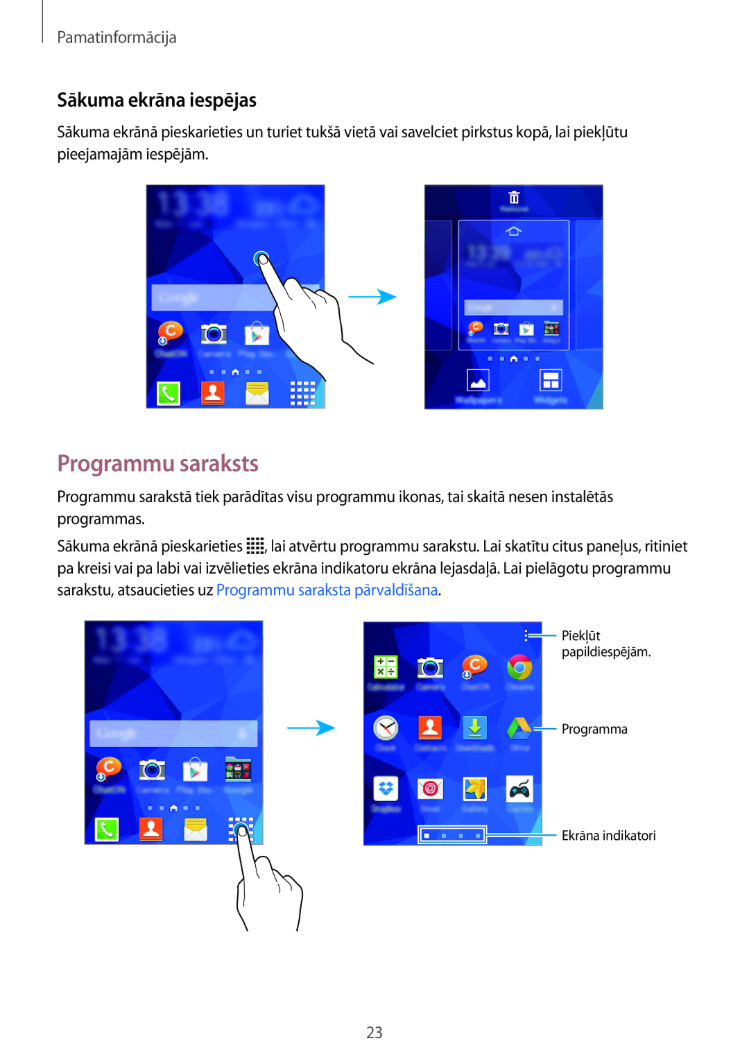 Samsung SM-G110HZKASEB, SM-G110HZWASEB manual Programmu saraksts, Sākuma ekrāna iespējas 