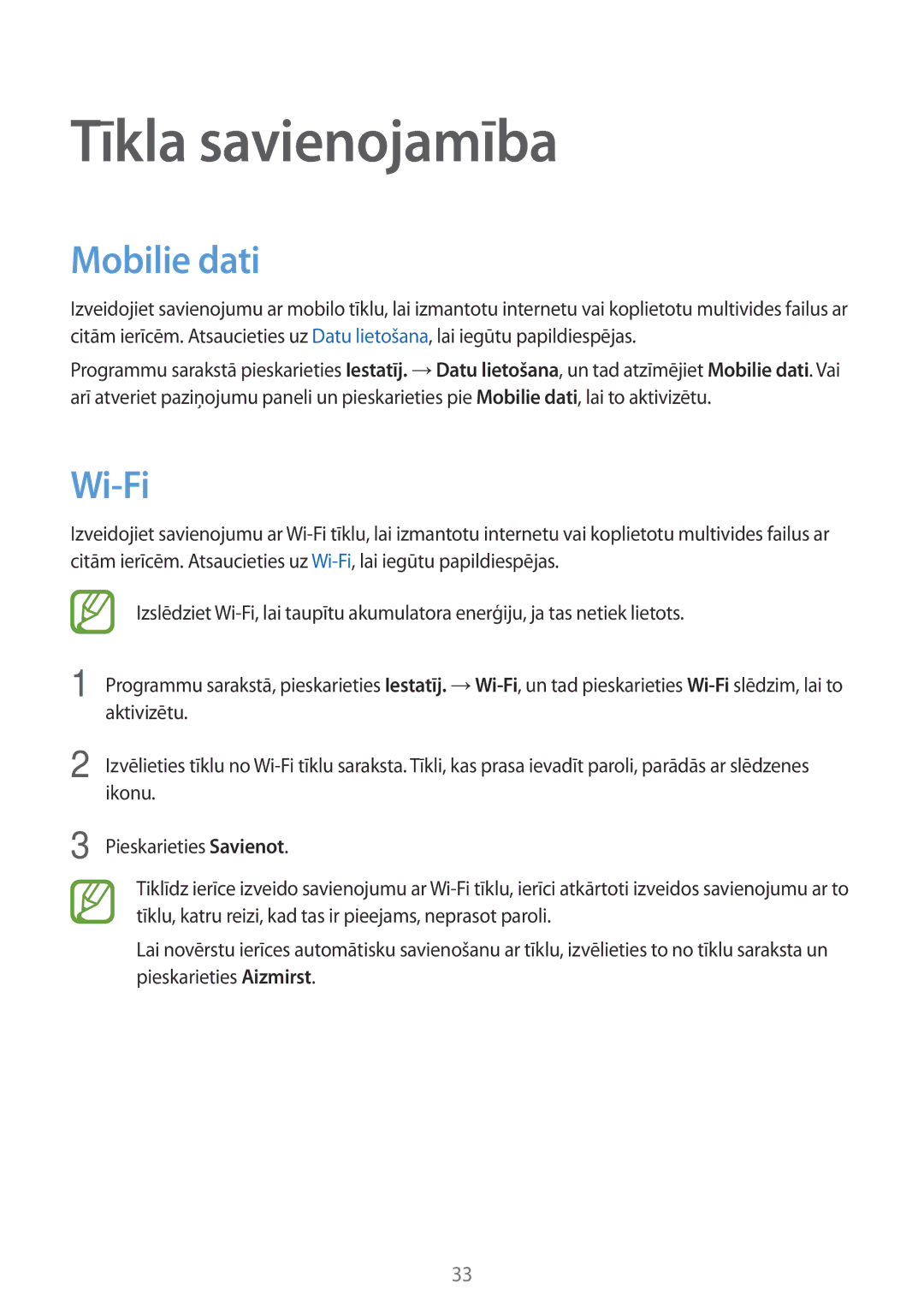 Samsung SM-G110HZKASEB, SM-G110HZWASEB manual Tīkla savienojamība, Mobilie dati, Wi-Fi 