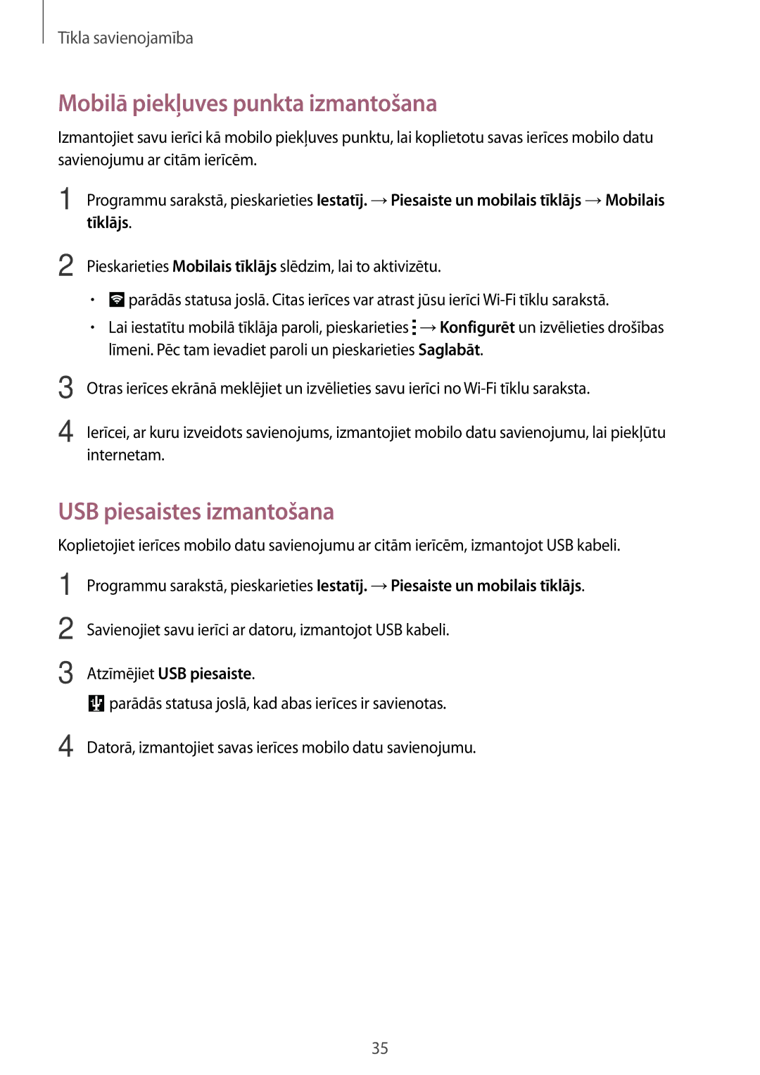 Samsung SM-G110HZKASEB manual Mobilā piekļuves punkta izmantošana, USB piesaistes izmantošana, Atzīmējiet USB piesaiste 