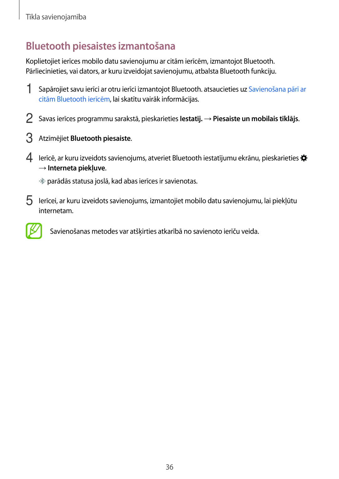Samsung SM-G110HZWASEB manual Bluetooth piesaistes izmantošana, Atzīmējiet Bluetooth piesaiste, → Interneta piekļuve 