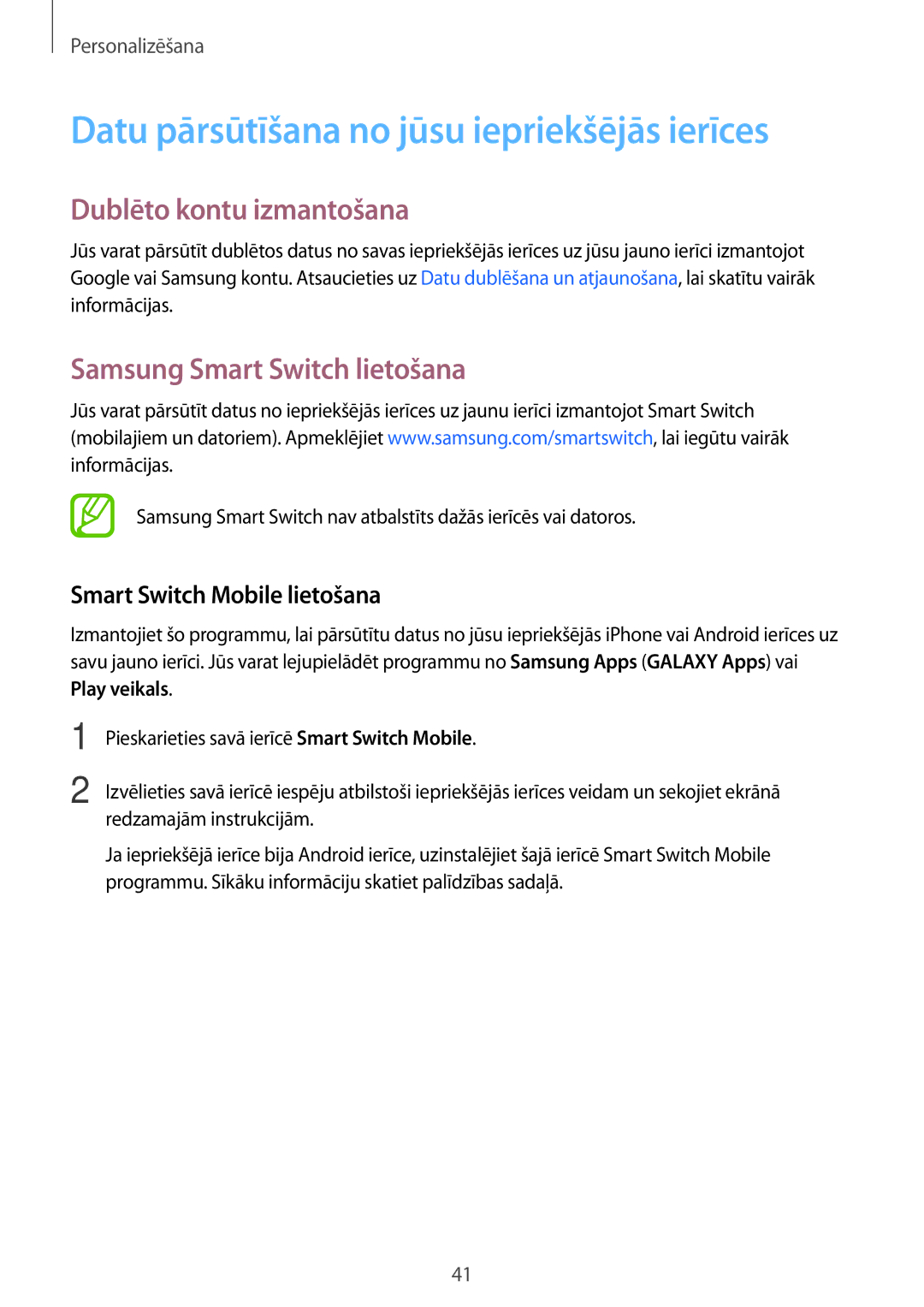 Samsung SM-G110HZKASEB, SM-G110HZWASEB manual Datu pārsūtīšana no jūsu iepriekšējās ierīces, Dublēto kontu izmantošana 