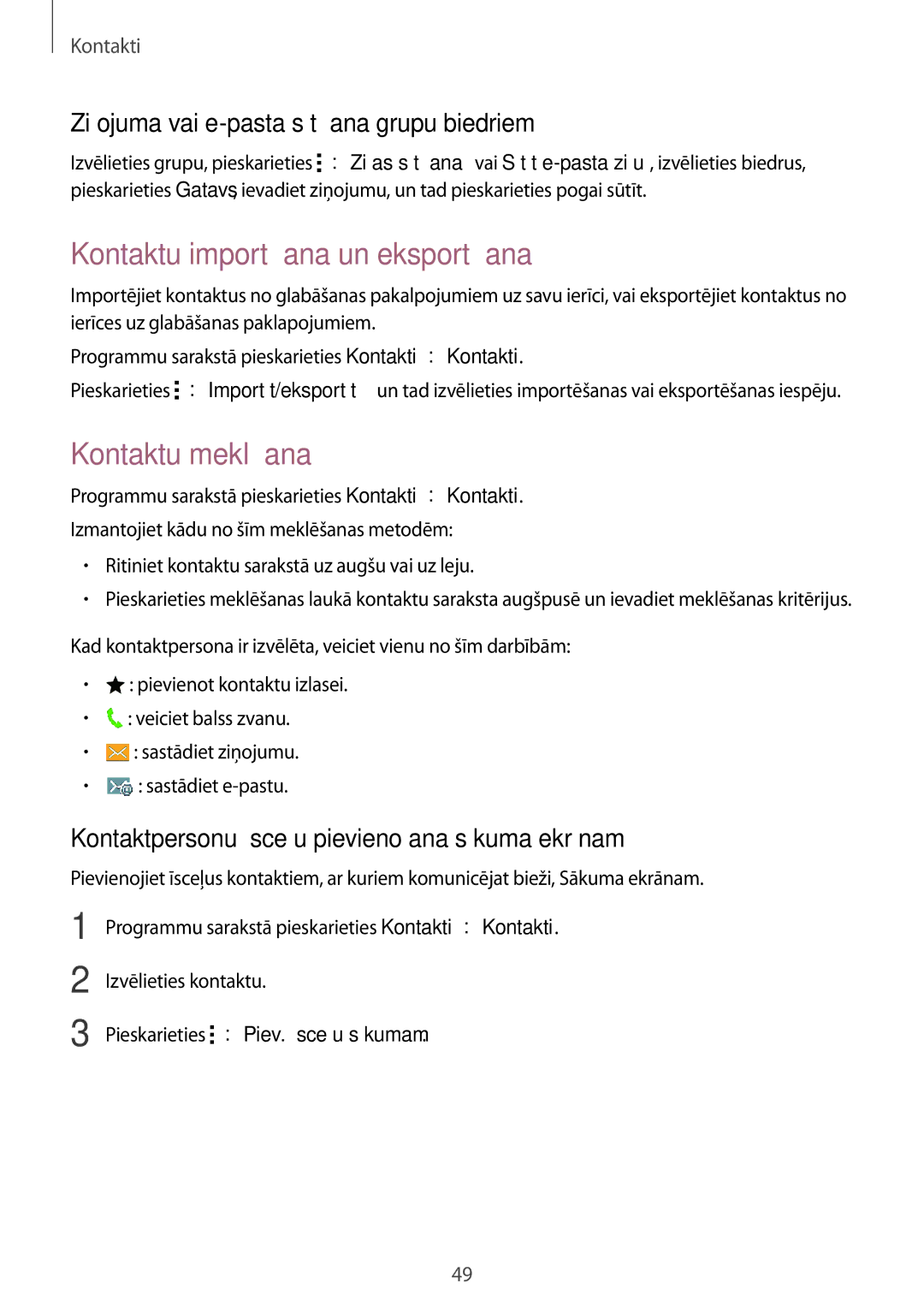 Samsung SM-G110HZKASEB manual Kontaktu importēšana un eksportēšana, Kontaktu meklēšana, Pieskarieties →Piev. īsceļu sākumam 