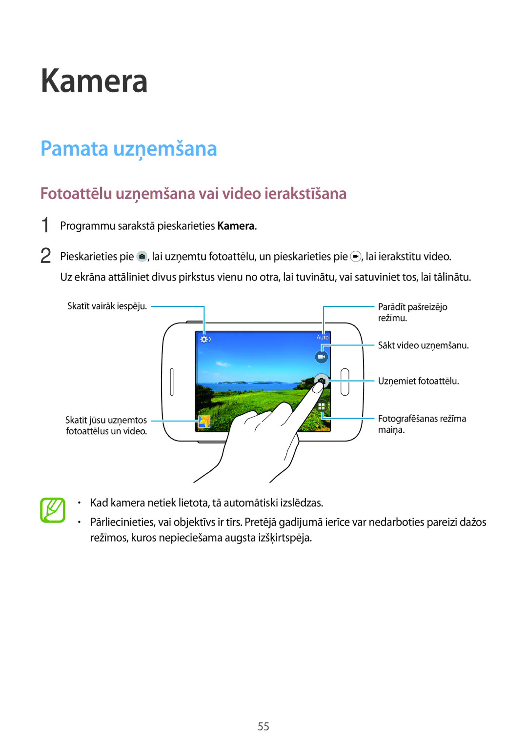 Samsung SM-G110HZKASEB, SM-G110HZWASEB manual Kamera, Pamata uzņemšana, Fotoattēlu uzņemšana vai video ierakstīšana 