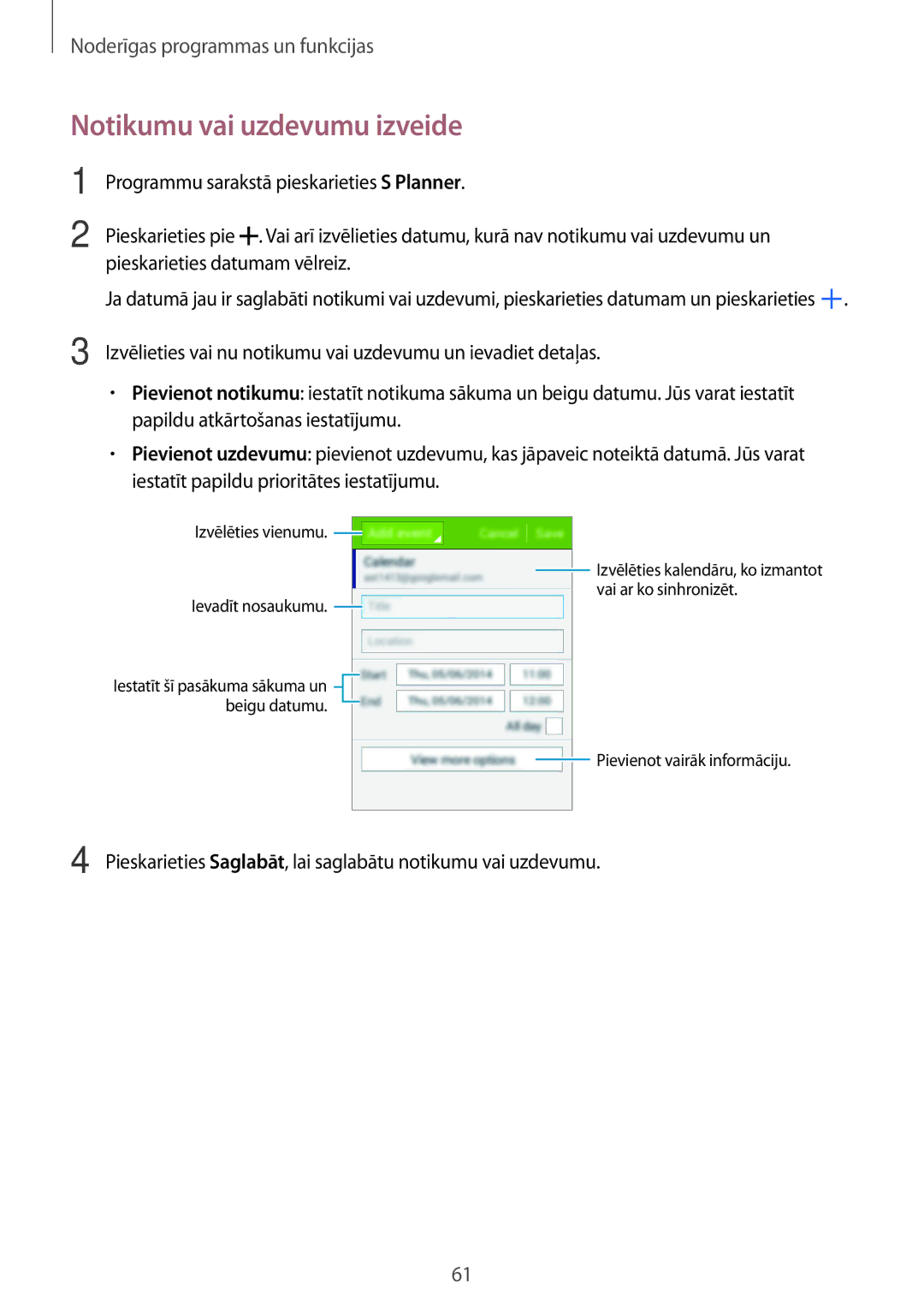 Samsung SM-G110HZKASEB, SM-G110HZWASEB manual Notikumu vai uzdevumu izveide 