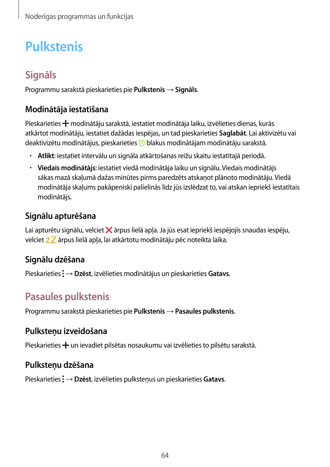 Samsung SM-G110HZWASEB, SM-G110HZKASEB manual Pulkstenis, Signāls, Pasaules pulkstenis 