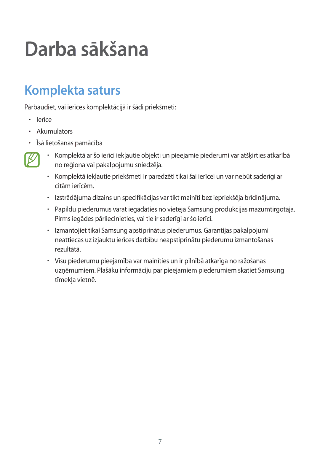 Samsung SM-G110HZKASEB, SM-G110HZWASEB manual Darba sākšana, Komplekta saturs 