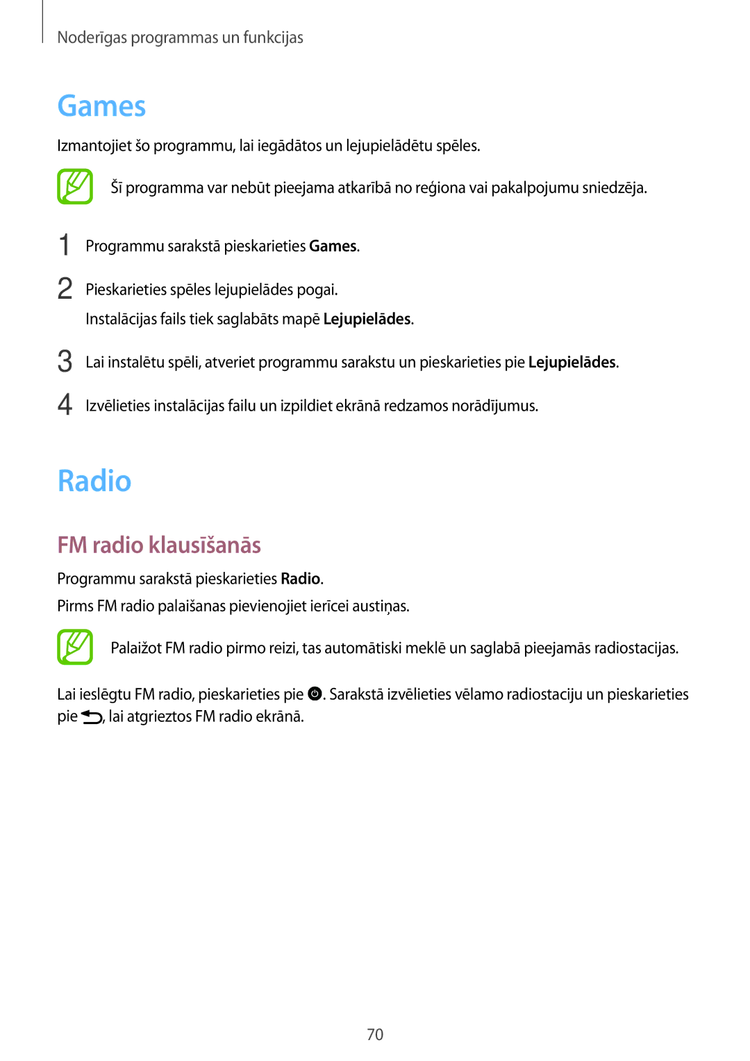 Samsung SM-G110HZWASEB, SM-G110HZKASEB manual Games, Radio, FM radio klausīšanās 