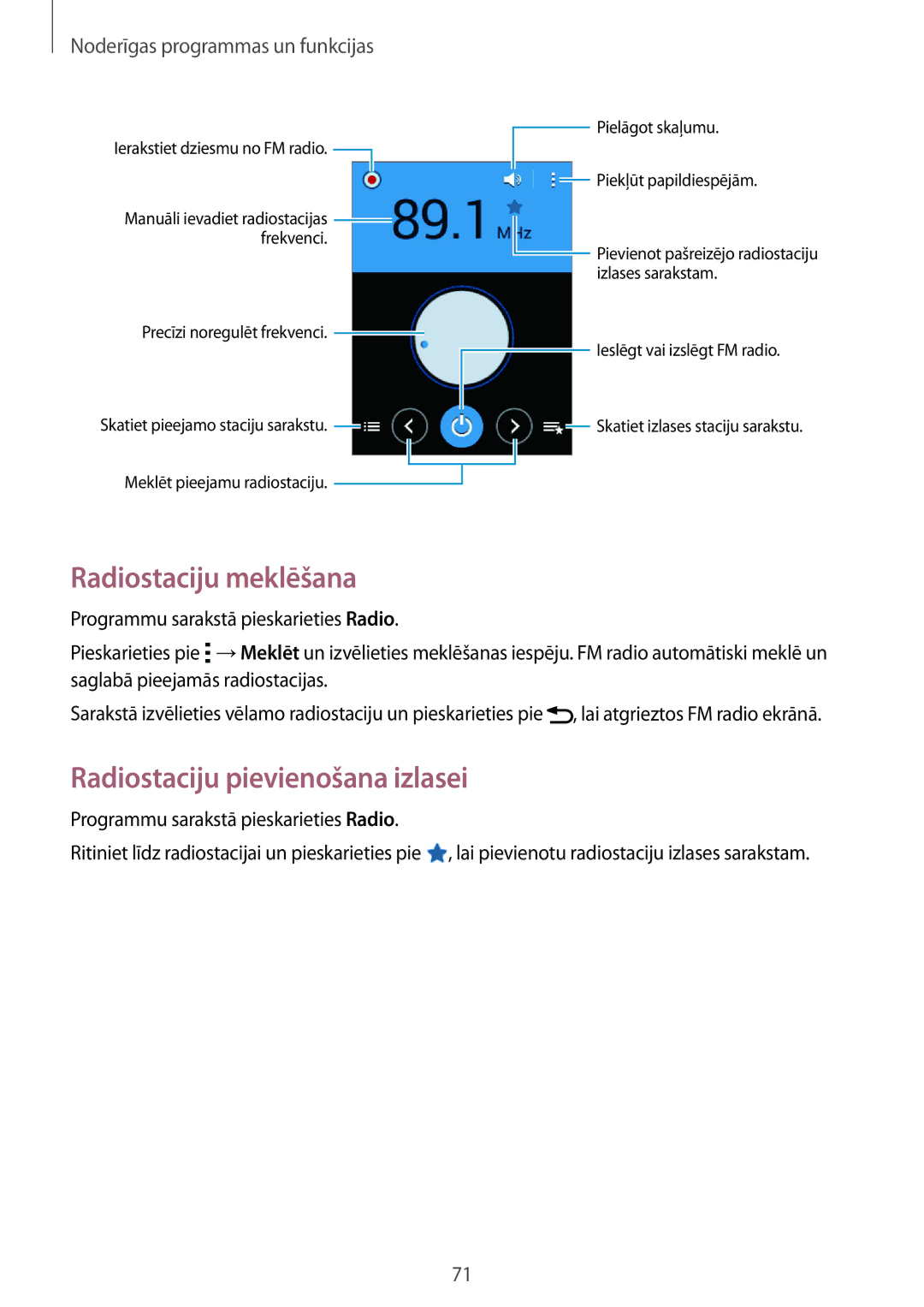 Samsung SM-G110HZKASEB, SM-G110HZWASEB manual Radiostaciju meklēšana, Radiostaciju pievienošana izlasei 