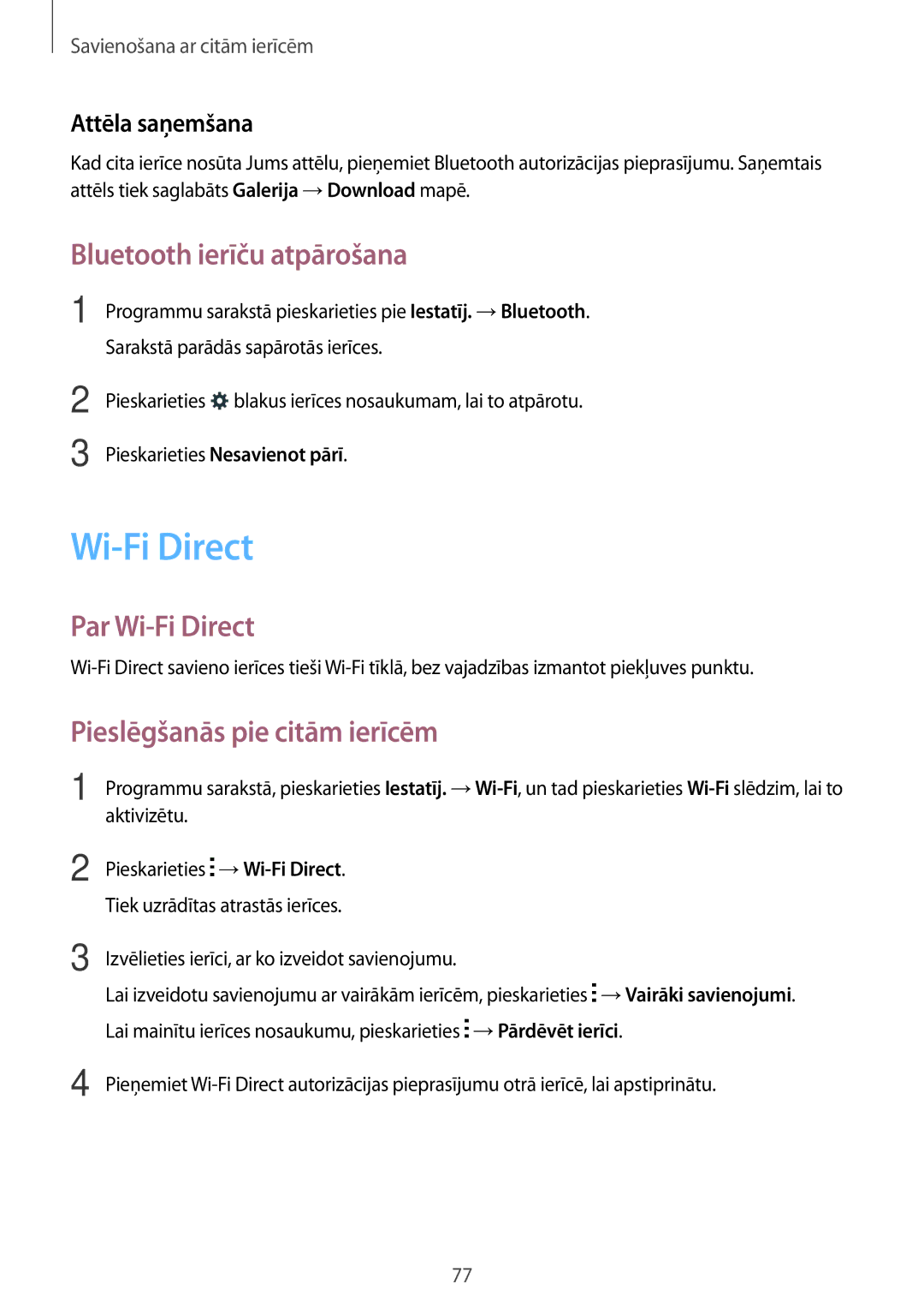 Samsung SM-G110HZKASEB Bluetooth ierīču atpārošana, Par Wi-Fi Direct, Pieslēgšanās pie citām ierīcēm, Attēla saņemšana 