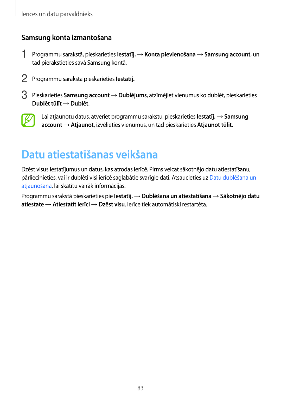Samsung SM-G110HZKASEB, SM-G110HZWASEB manual Datu atiestatīšanas veikšana, Samsung konta izmantošana, Dublēt tūlīt →Dublēt 