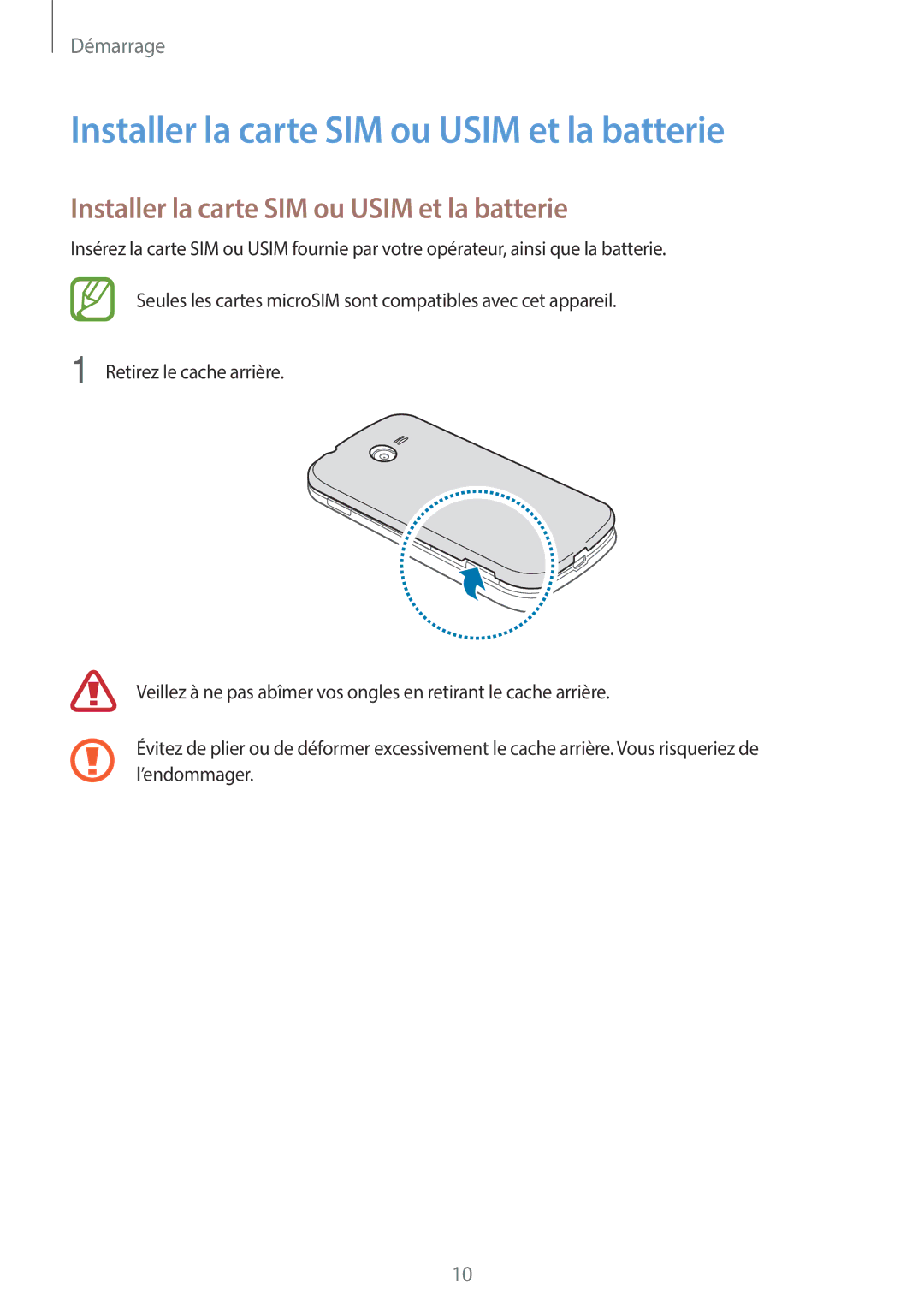 Samsung SM-G110HZWAXEF, SM-G110HZKAXEF manual Installer la carte SIM ou Usim et la batterie 