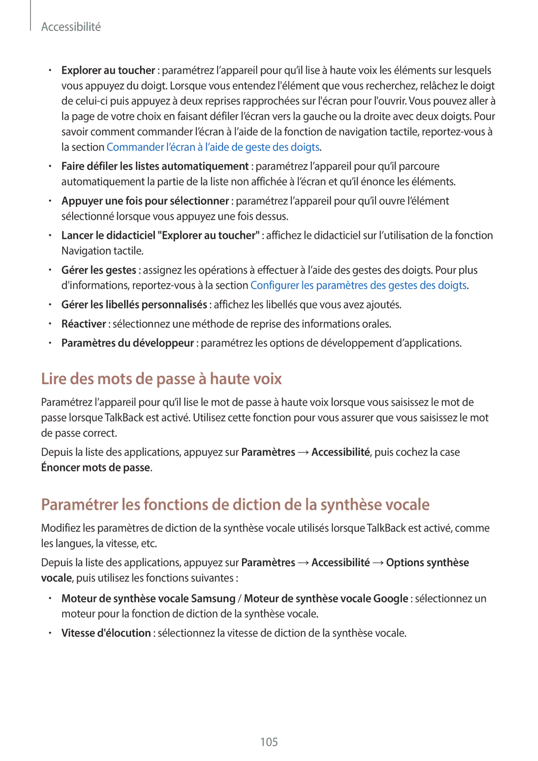 Samsung SM-G110HZKAXEF Lire des mots de passe à haute voix, Paramétrer les fonctions de diction de la synthèse vocale 