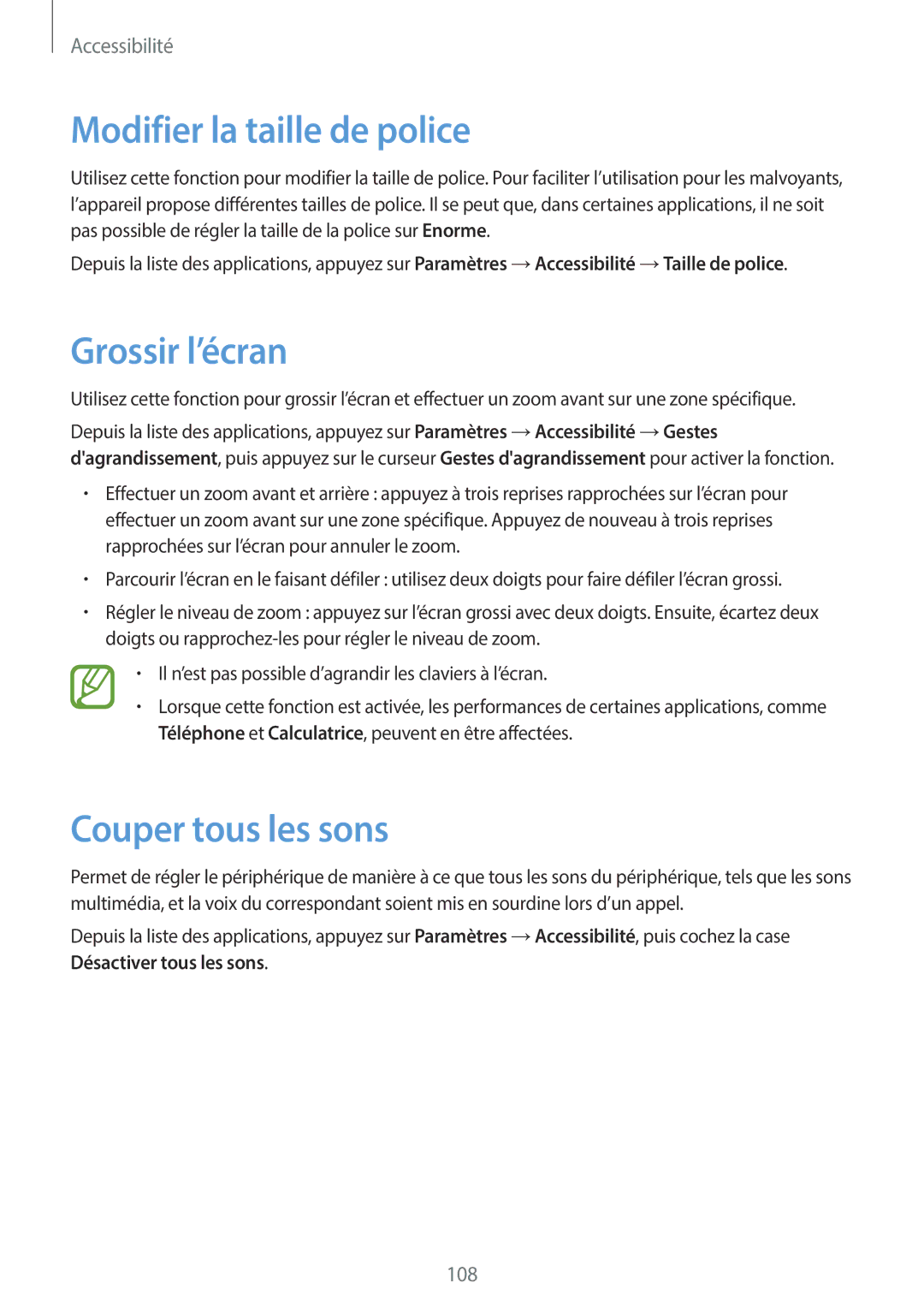 Samsung SM-G110HZWAXEF, SM-G110HZKAXEF manual Modifier la taille de police, Grossir l’écran, Couper tous les sons 