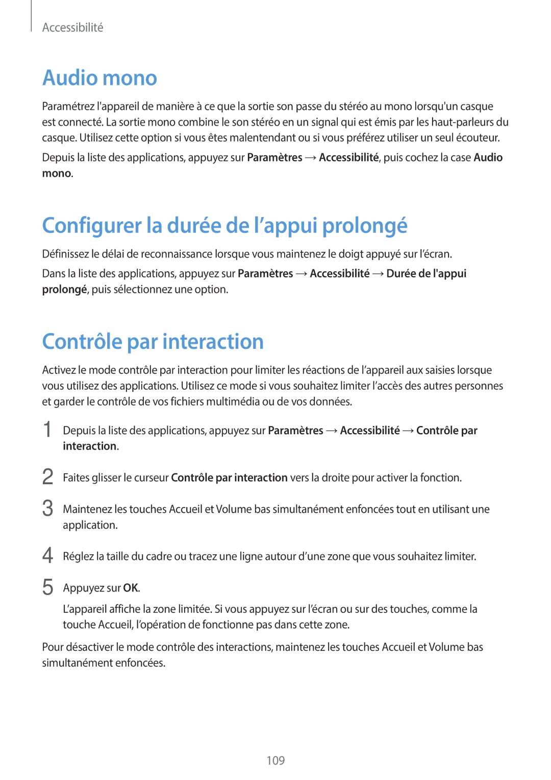 Samsung SM-G110HZKAXEF manual Audio mono, Configurer la durée de l’appui prolongé, Contrôle par interaction, Interaction 