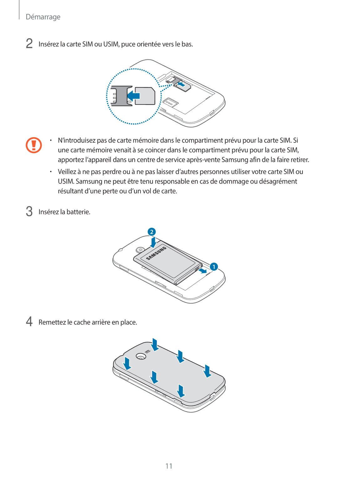 Samsung SM-G110HZKAXEF, SM-G110HZWAXEF manual Démarrage 