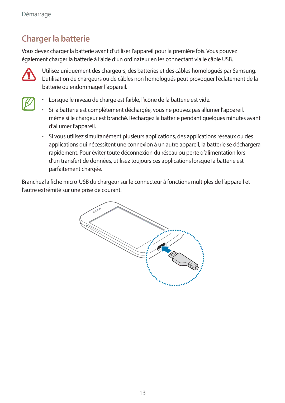 Samsung SM-G110HZKAXEF, SM-G110HZWAXEF manual Charger la batterie 