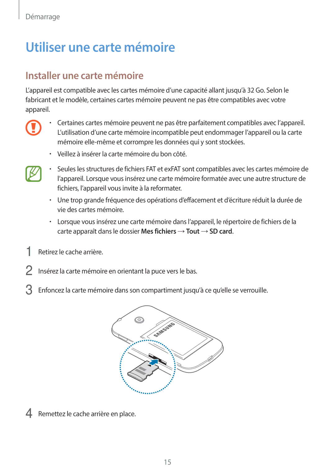 Samsung SM-G110HZKAXEF, SM-G110HZWAXEF manual Utiliser une carte mémoire, Installer une carte mémoire 