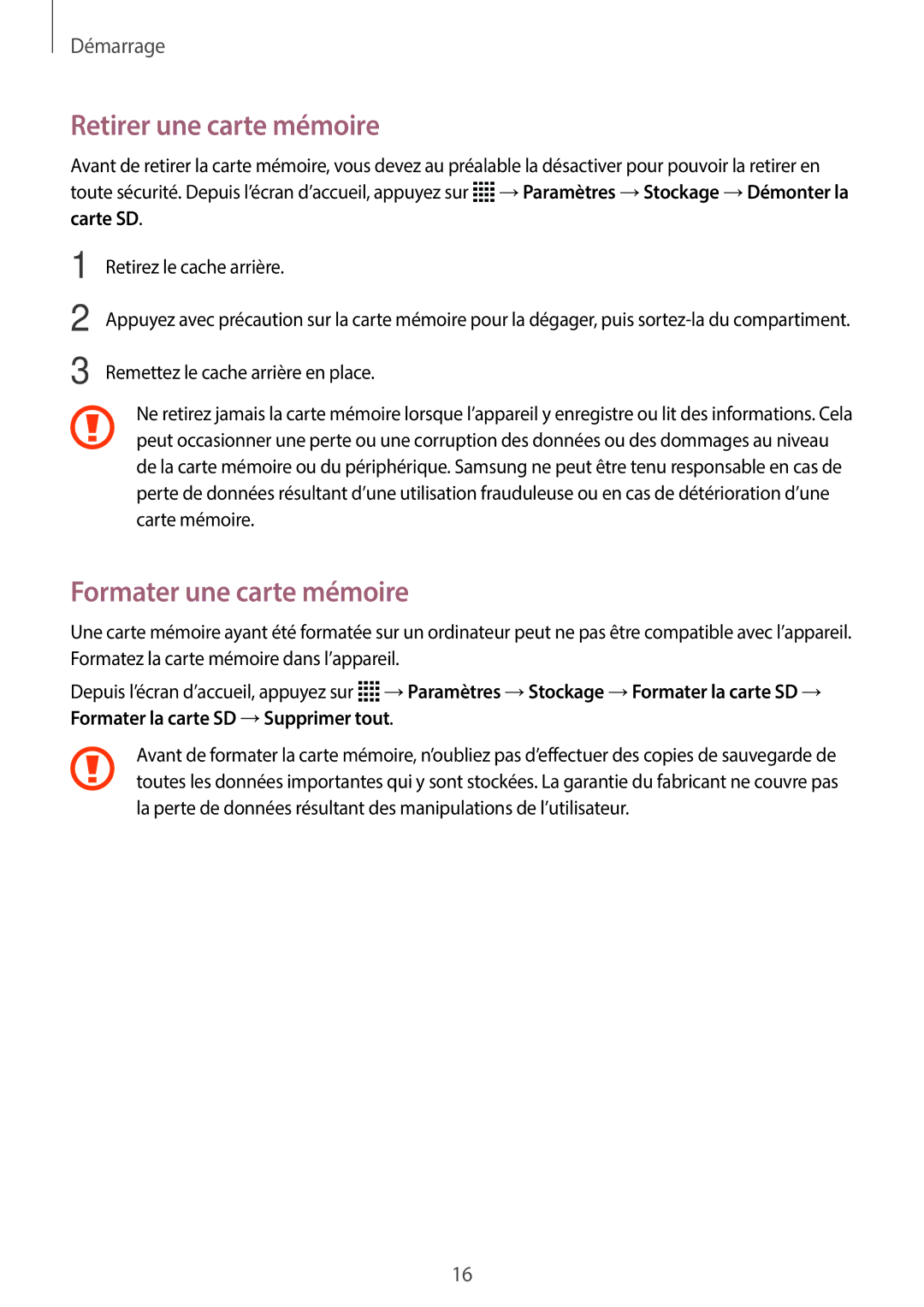 Samsung SM-G110HZWAXEF, SM-G110HZKAXEF manual Retirer une carte mémoire, Formater une carte mémoire 