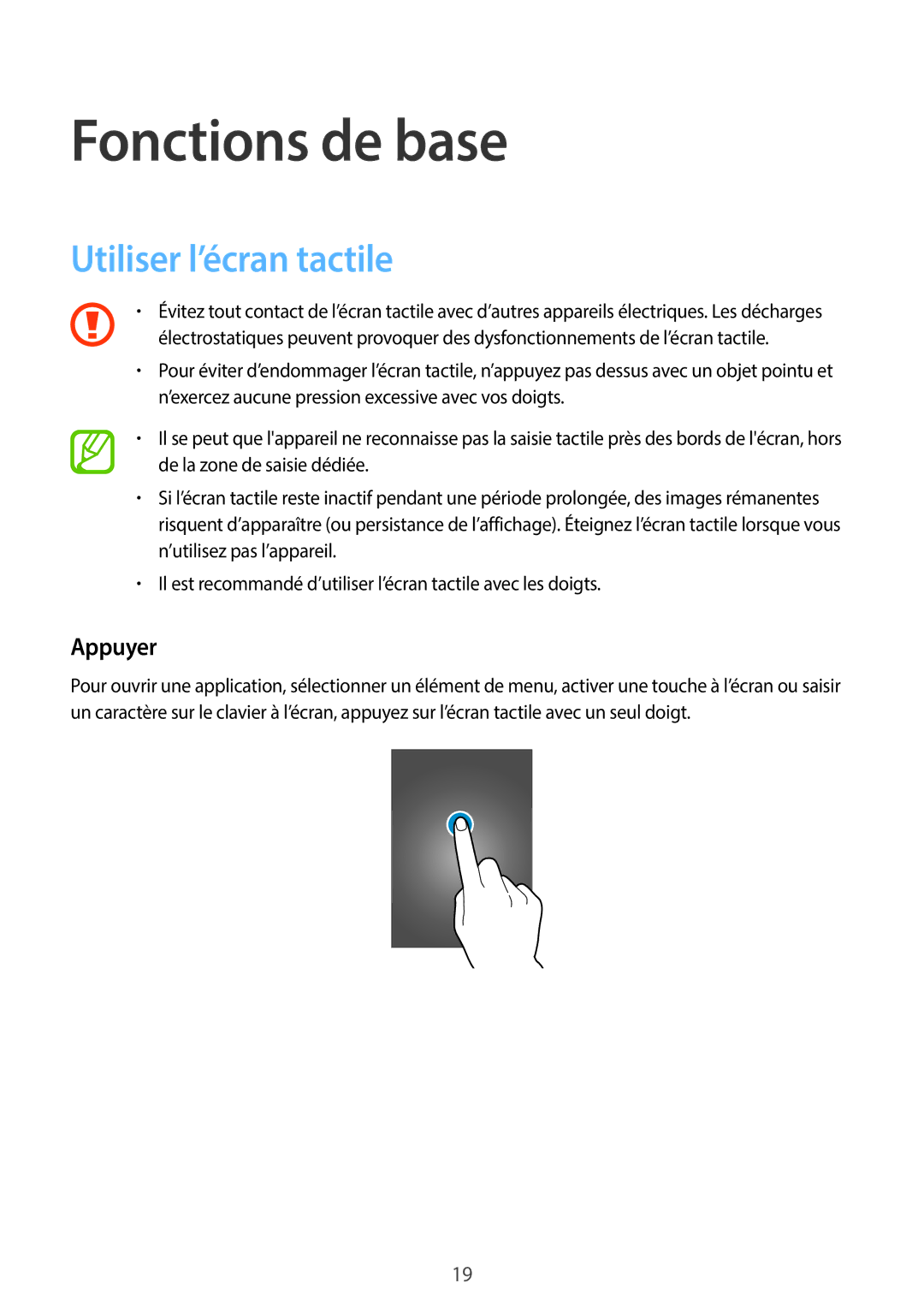 Samsung SM-G110HZKAXEF, SM-G110HZWAXEF manual Fonctions de base, Utiliser l’écran tactile, Appuyer 