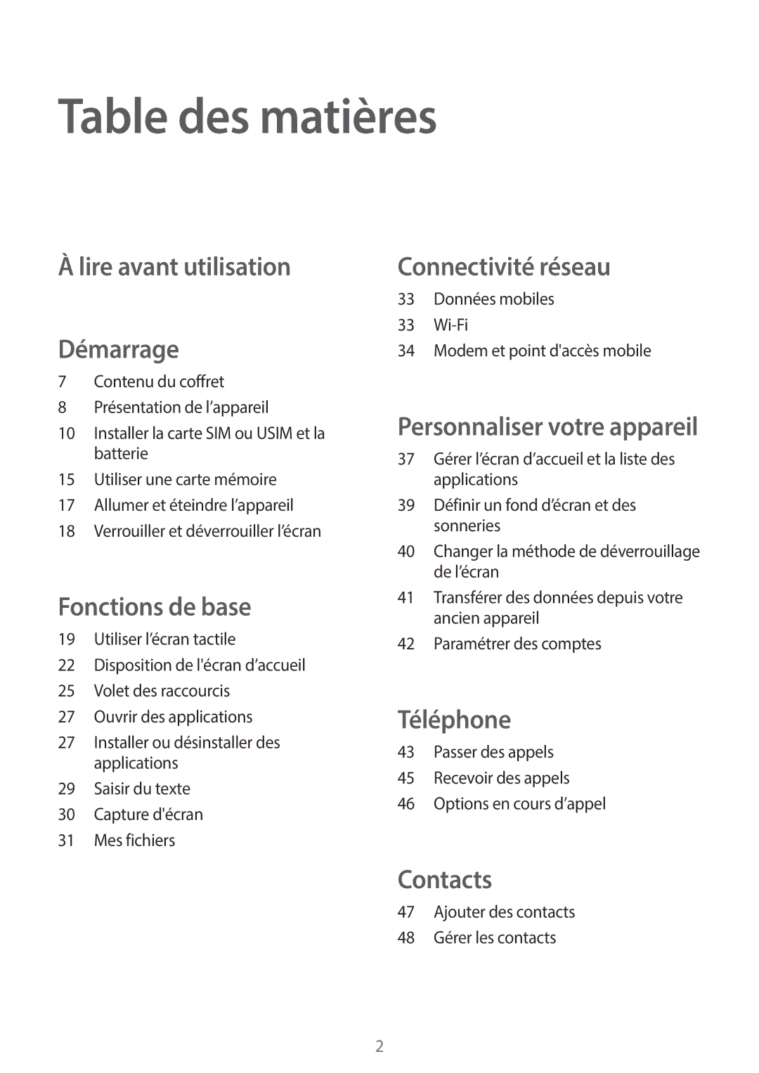 Samsung SM-G110HZWAXEF, SM-G110HZKAXEF manual Table des matières 