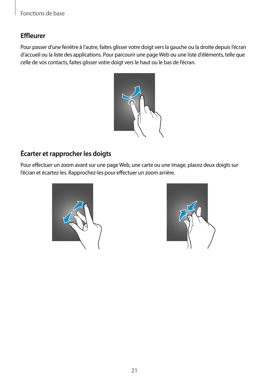 Samsung SM-G110HZKAXEF, SM-G110HZWAXEF manual Effleurer, Écarter et rapprocher les doigts 