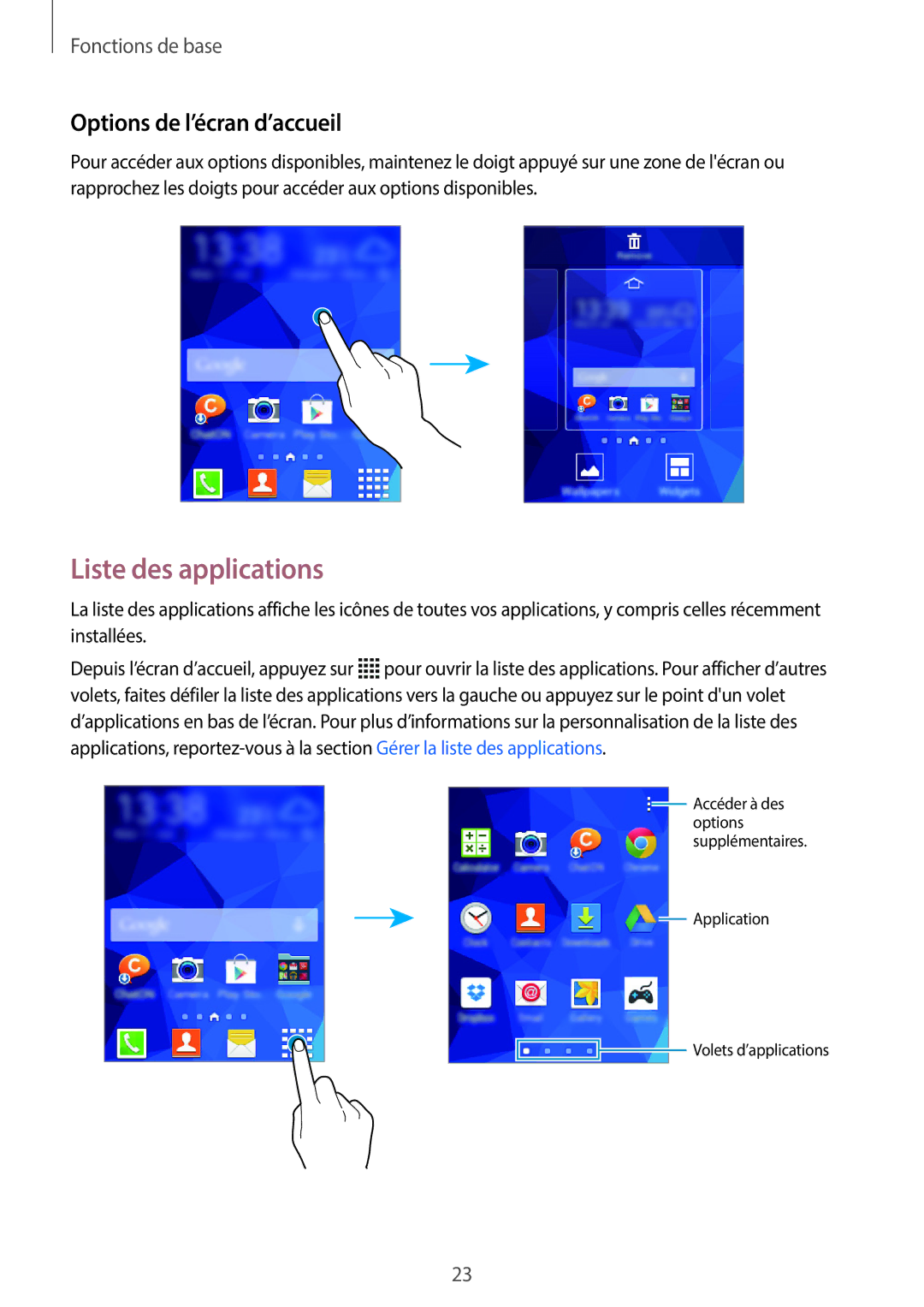 Samsung SM-G110HZKAXEF, SM-G110HZWAXEF manual Liste des applications, Options de l’écran d’accueil 