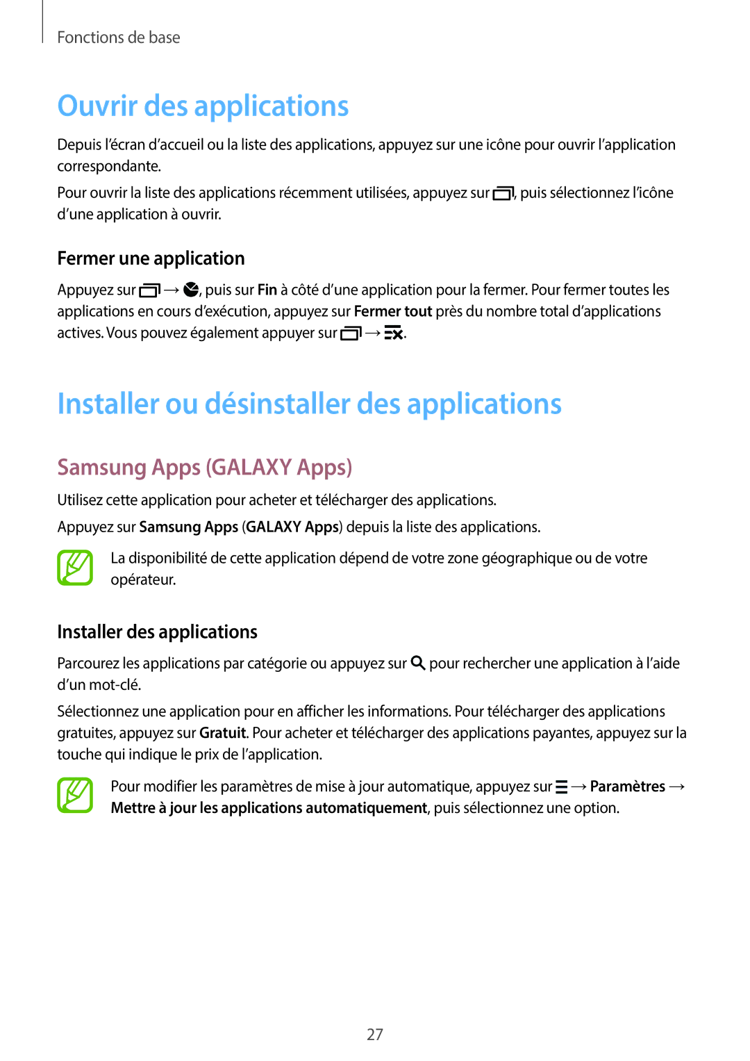 Samsung SM-G110HZKAXEF manual Ouvrir des applications, Installer ou désinstaller des applications, Samsung Apps Galaxy Apps 