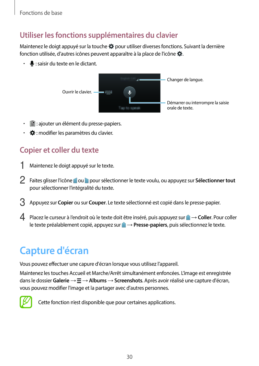 Samsung SM-G110HZWAXEF manual Capture décran, Utiliser les fonctions supplémentaires du clavier, Copier et coller du texte 