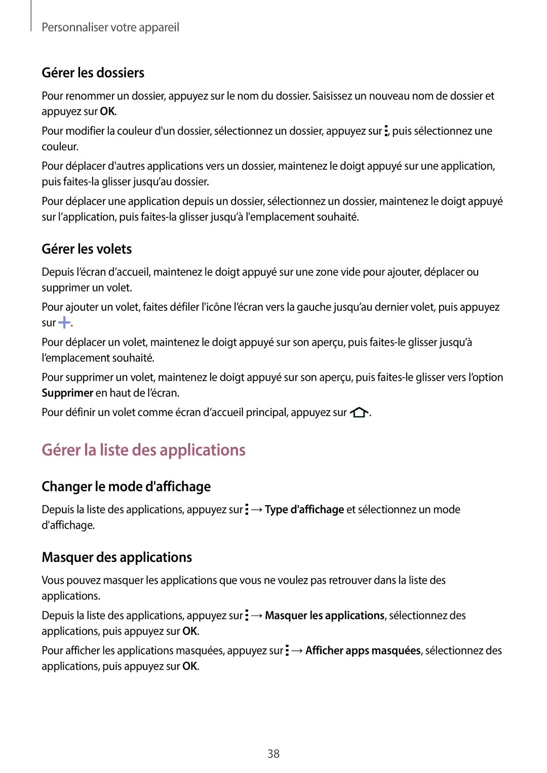 Samsung SM-G110HZWAXEF Gérer la liste des applications, Gérer les dossiers, Gérer les volets, Changer le mode daffichage 