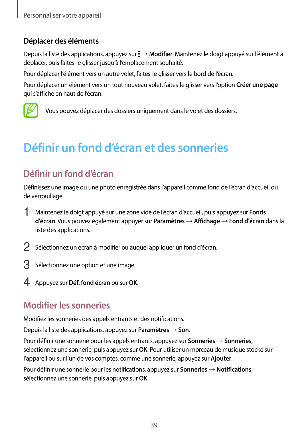 Samsung SM-G110HZKAXEF manual Définir un fond d’écran et des sonneries, Modifier les sonneries, Déplacer des éléments 